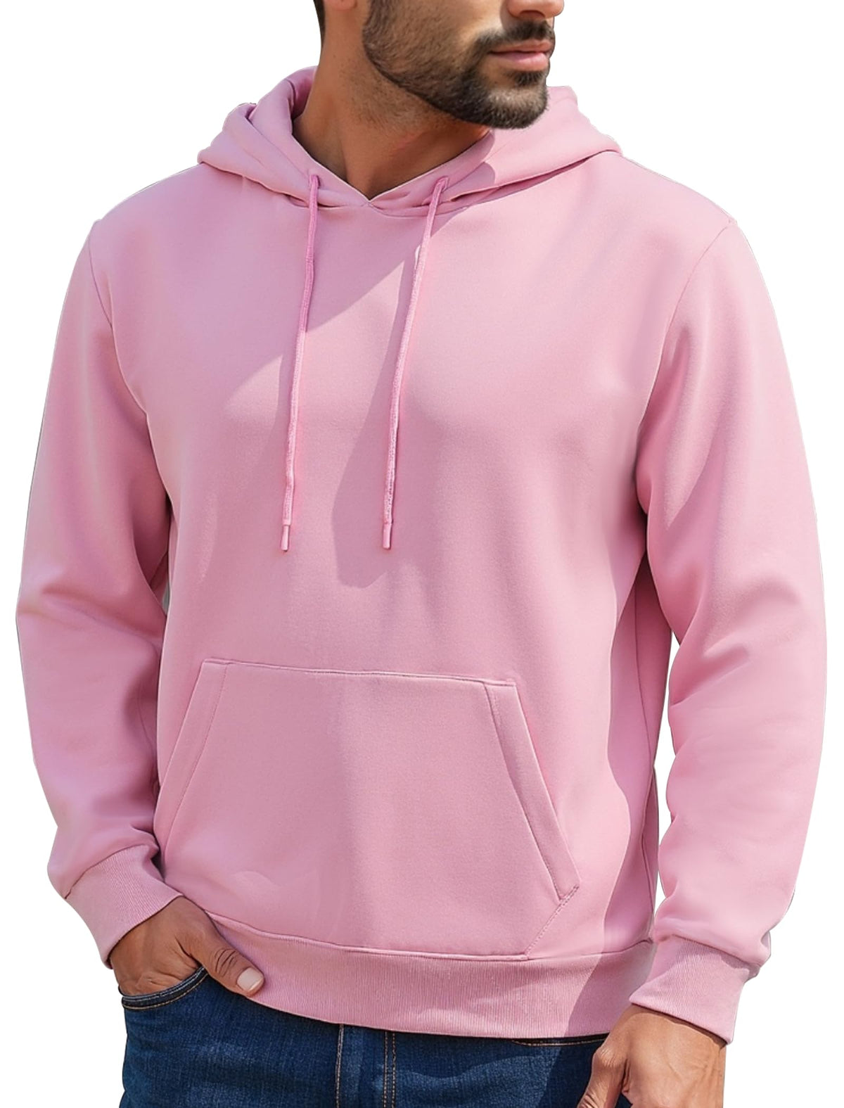 Mens Hoodies Pullover Midweight Fashion Long Sleeve Casual Hooded Sweatshirt Solid Color Fleece-Lined Hoodie
