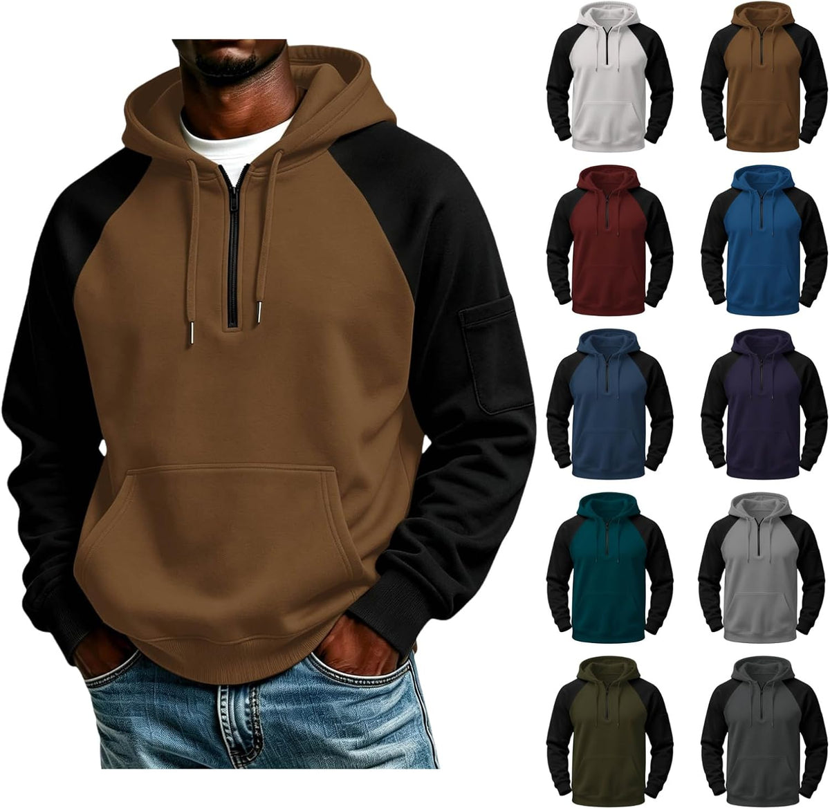 Quarter Zip Hoodies for Men Contrast Kangaroo Pocket Sweatshirt