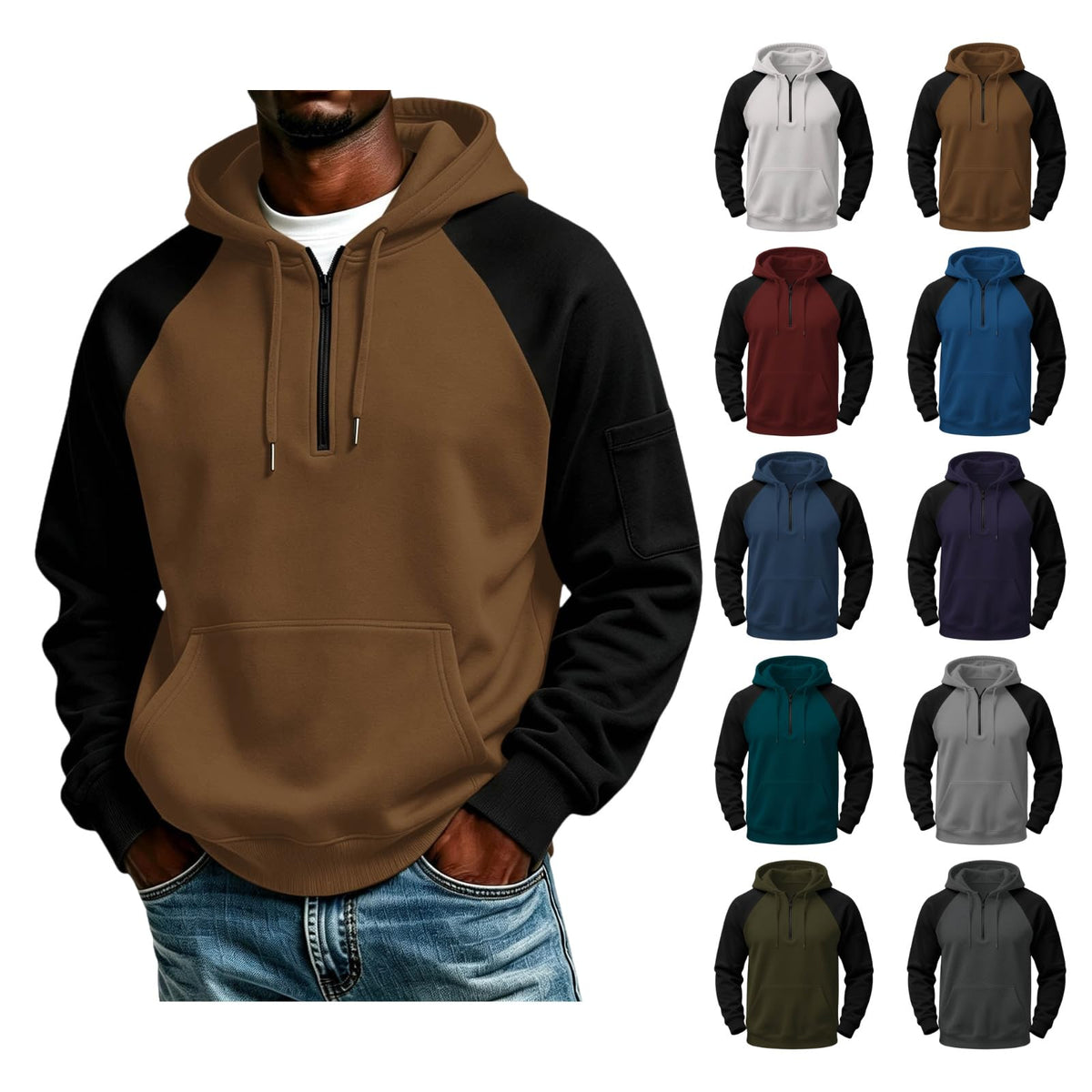 Quarter Zip Hoodies for Men Contrast Kangaroo Pocket Sweatshirt