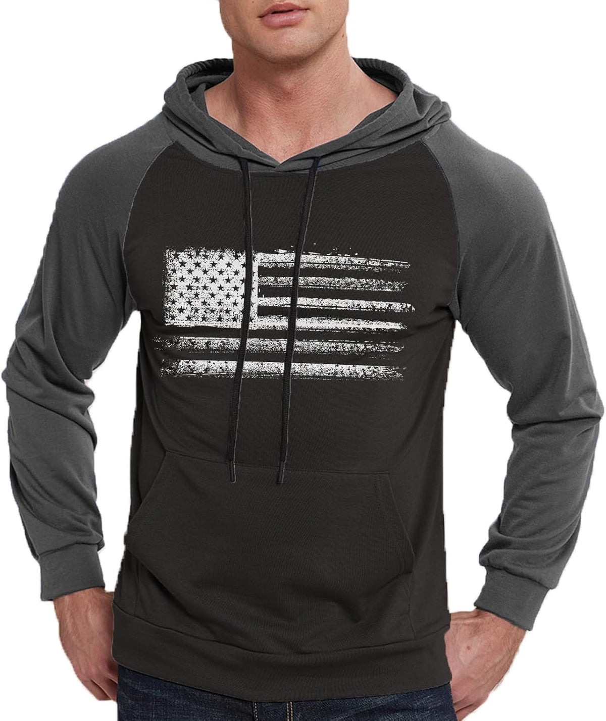 H HYFOL Men's Sweatshirt USA FLAG Patriotic Graphic Polyester Hoodies for Men Pocket Raglan Long Sleeve Sweatshirts