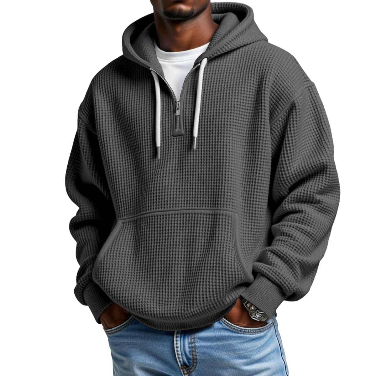 Waffle Knit Hoodie Men Quarter Zip Hoodie Men Comfort Pullover Fitness Long Sleeve Streetwear Sweatshirt