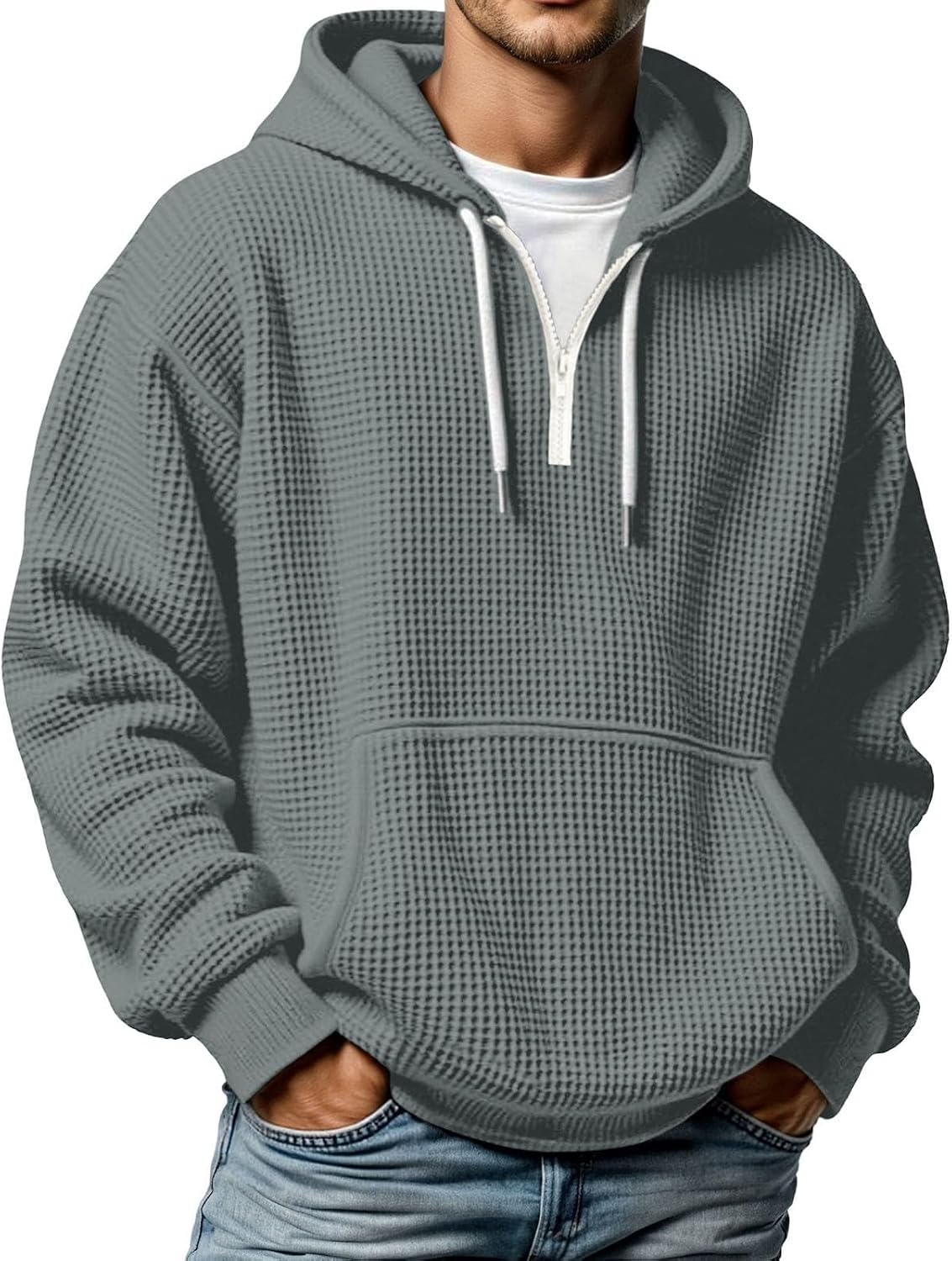 Quarter Zip Pullover Men Waffle Knit Hoodie Casual Long Sleeve Drop Shoulder Sweatshirt Fashion Loose Pullover