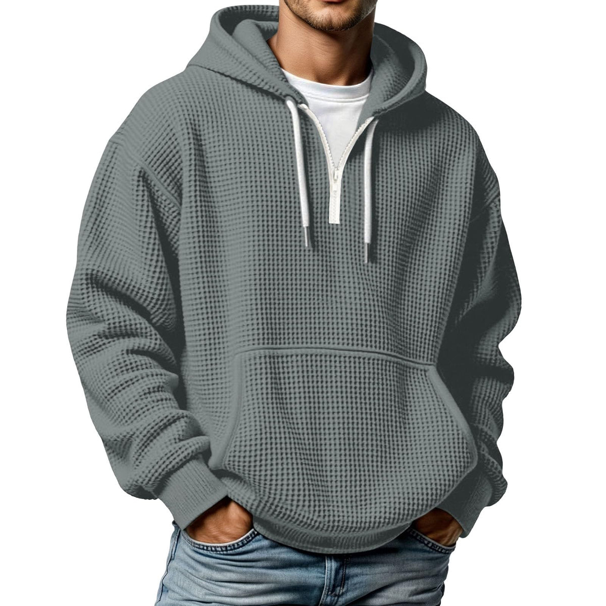Quarter Zip Pullover Men Waffle Knit Hoodie Casual Long Sleeve Drop Shoulder Sweatshirt Fashion Loose Pullover