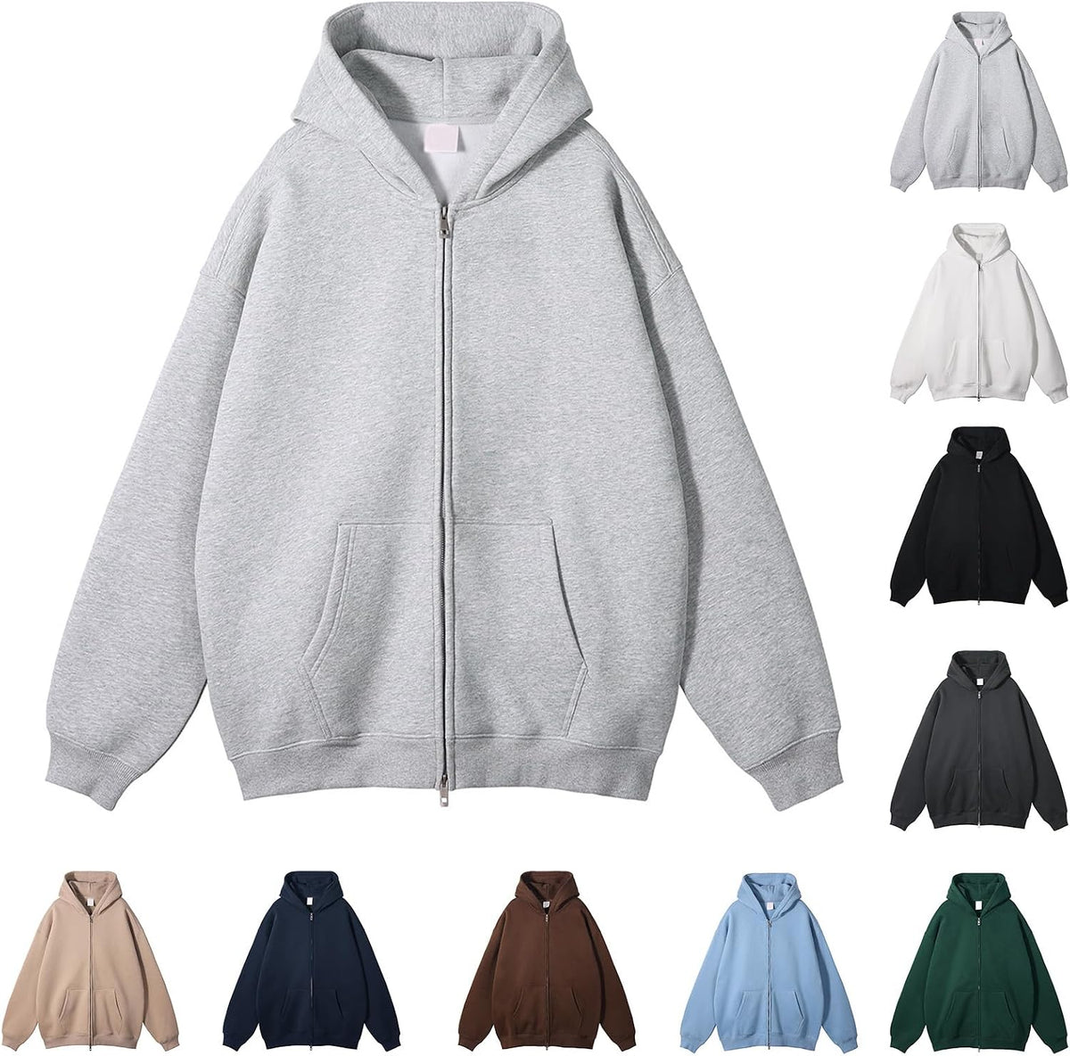 Mens Heavyweight Fleece Zip Up Hoodie Oversized Hooded Sweatshirts