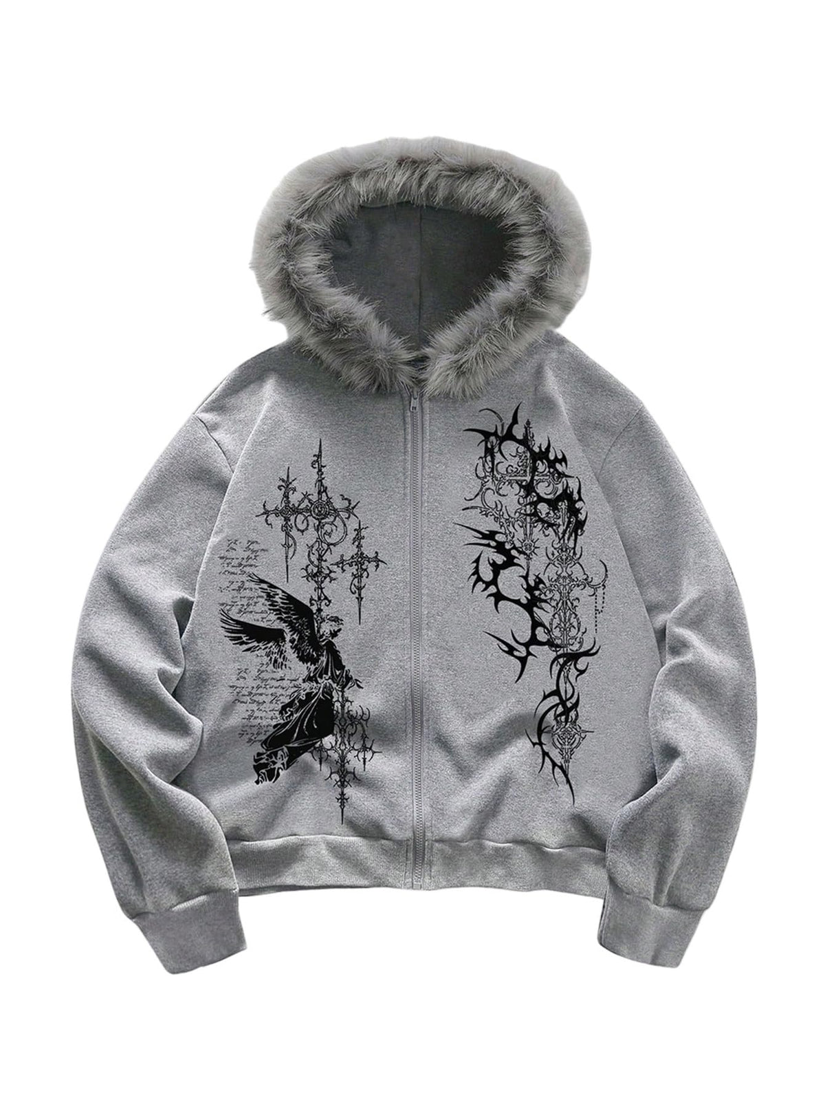 SOLY HUX Men's Y2K Grunge Zip Up Gothic Hoodie with Fur Hood