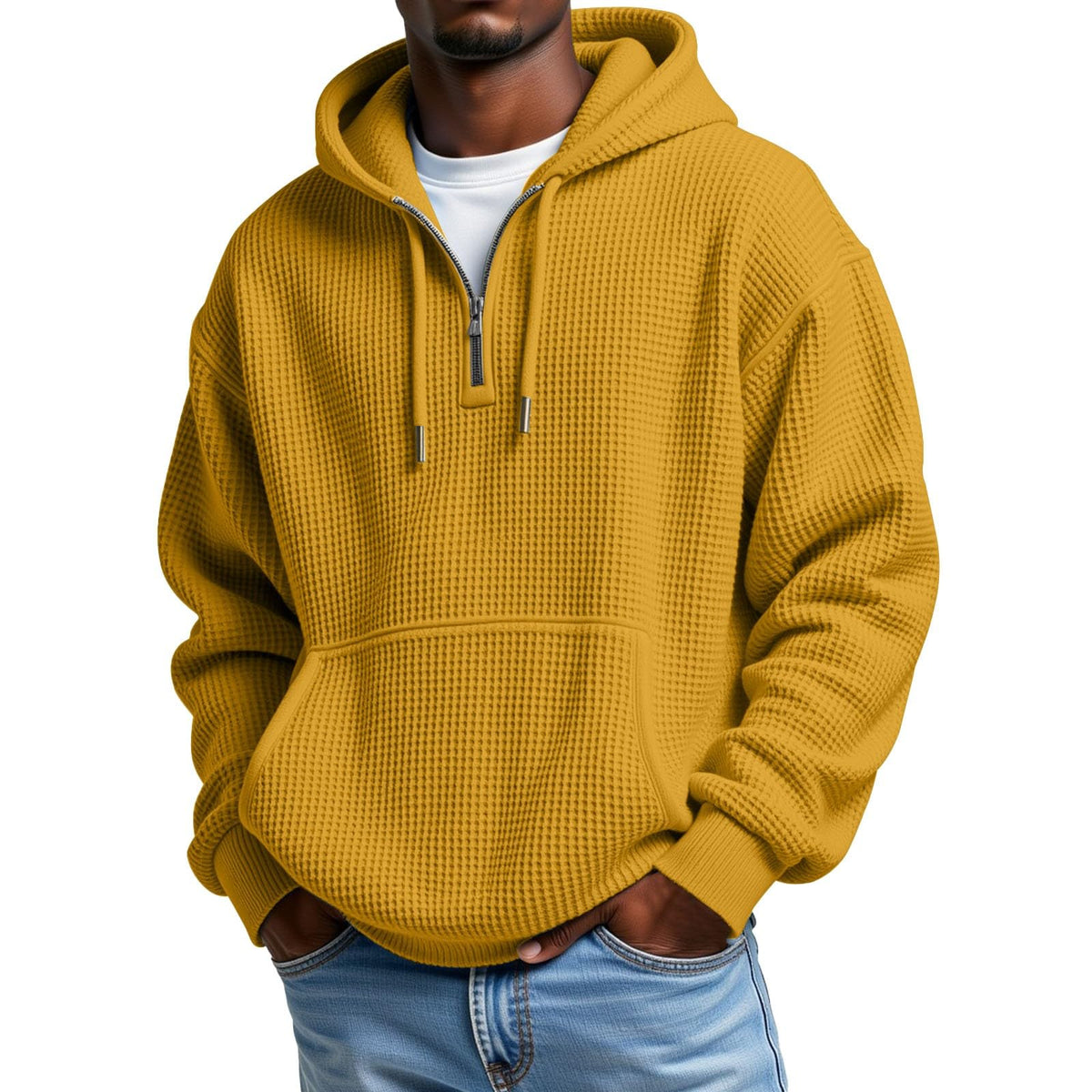 Mens Hoodies Pullover Quarter Zip Casaul Long Sleeve Drawstring Waffle Knit Hooded Sweatshirt with Pocket