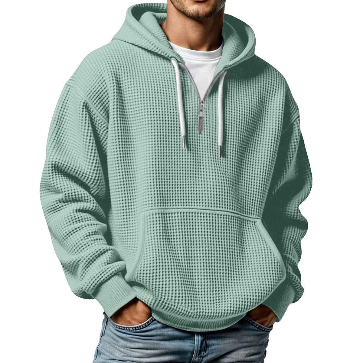 Quarter Zip Pullover Men Waffle Knit Hoodie Casual Long Sleeve Drop Shoulder Sweatshirt Fashion Loose Pullover