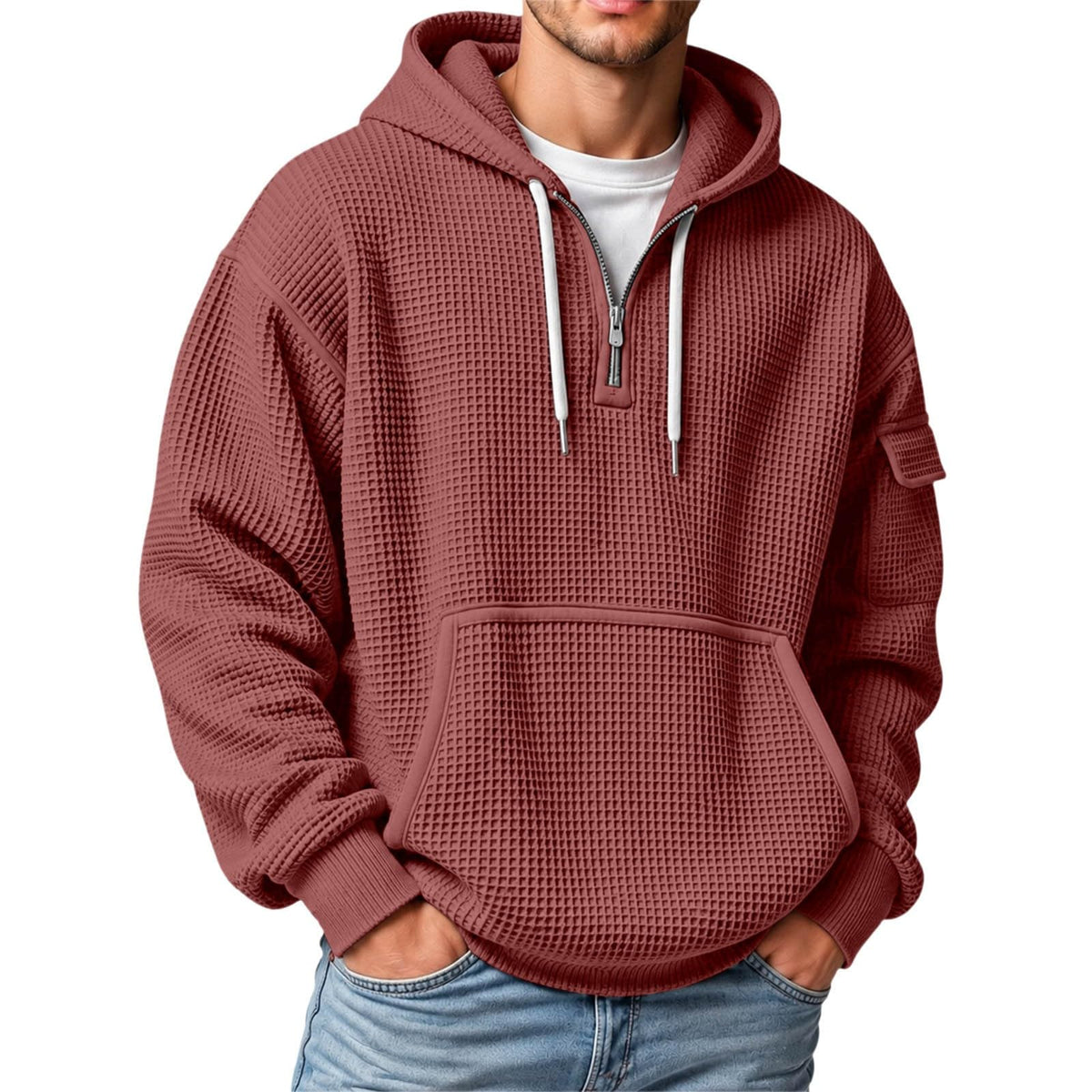 XS-5XL Men's Quarter Zip Hoodies Waffle Knit Pullover Long Sleeve Casual Sweatshirt Loose Fit Tops with Pockets