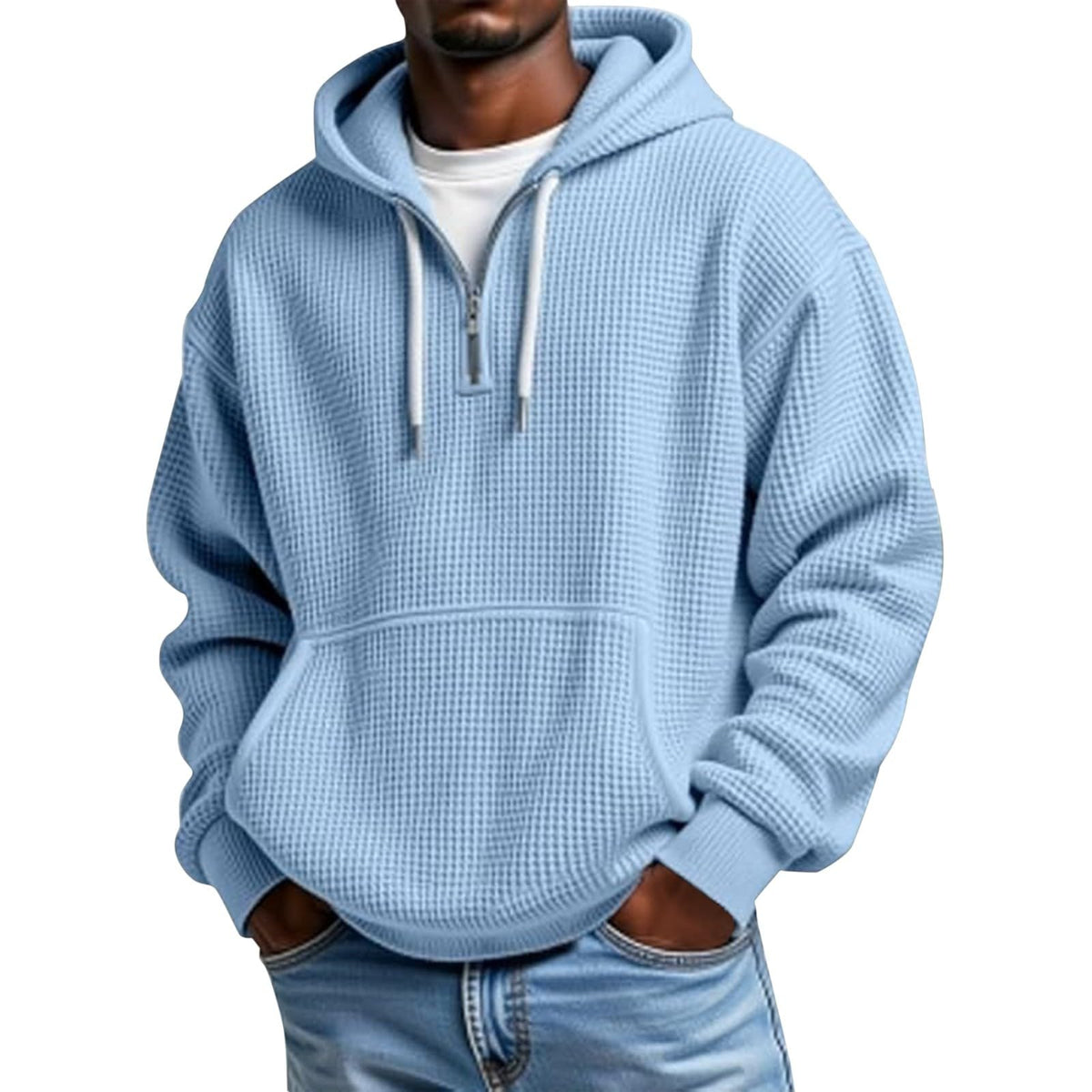 Mens Hoodies Pullover Quarter Zip Casaul Long Sleeve Drawstring Waffle Knit Hooded Sweatshirt with Pocket