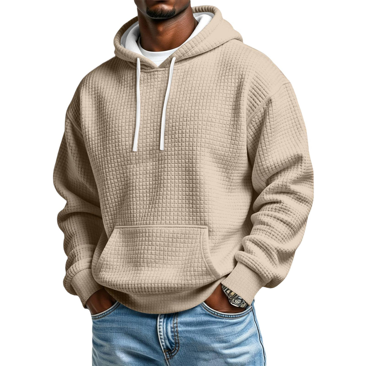Men's Hoodie Pullover Fleece Waffle Sweatshirts Casual Plus Size Hoodie