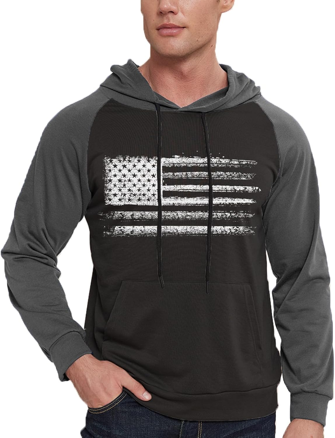H HYFOL Men's Sweatshirt USA FLAG Patriotic Graphic Polyester Hoodies for Men Pocket Raglan Long Sleeve Sweatshirts
