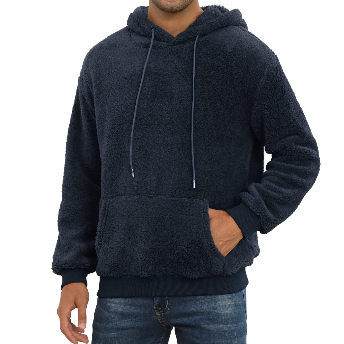 PEGENO Mens Fuzzy Sherpa Hoodie Pullover Sweatshirts Loose Cozy Pocket Long Sleeve Winter Hooded Outwear