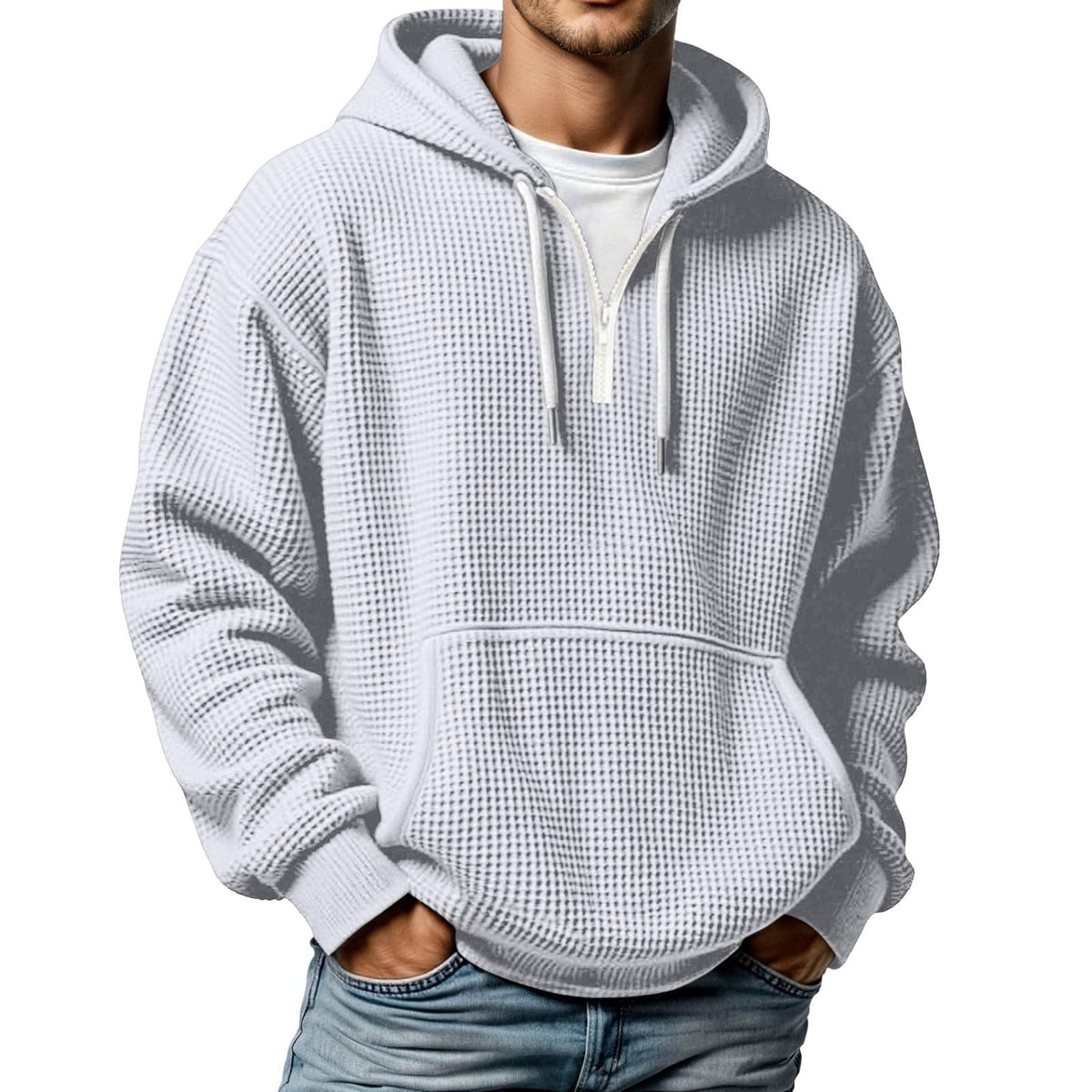 Quarter Zip Pullover Men Waffle Knit Hoodie Casual Long Sleeve Drop Shoulder Sweatshirt Fashion Loose Pullover