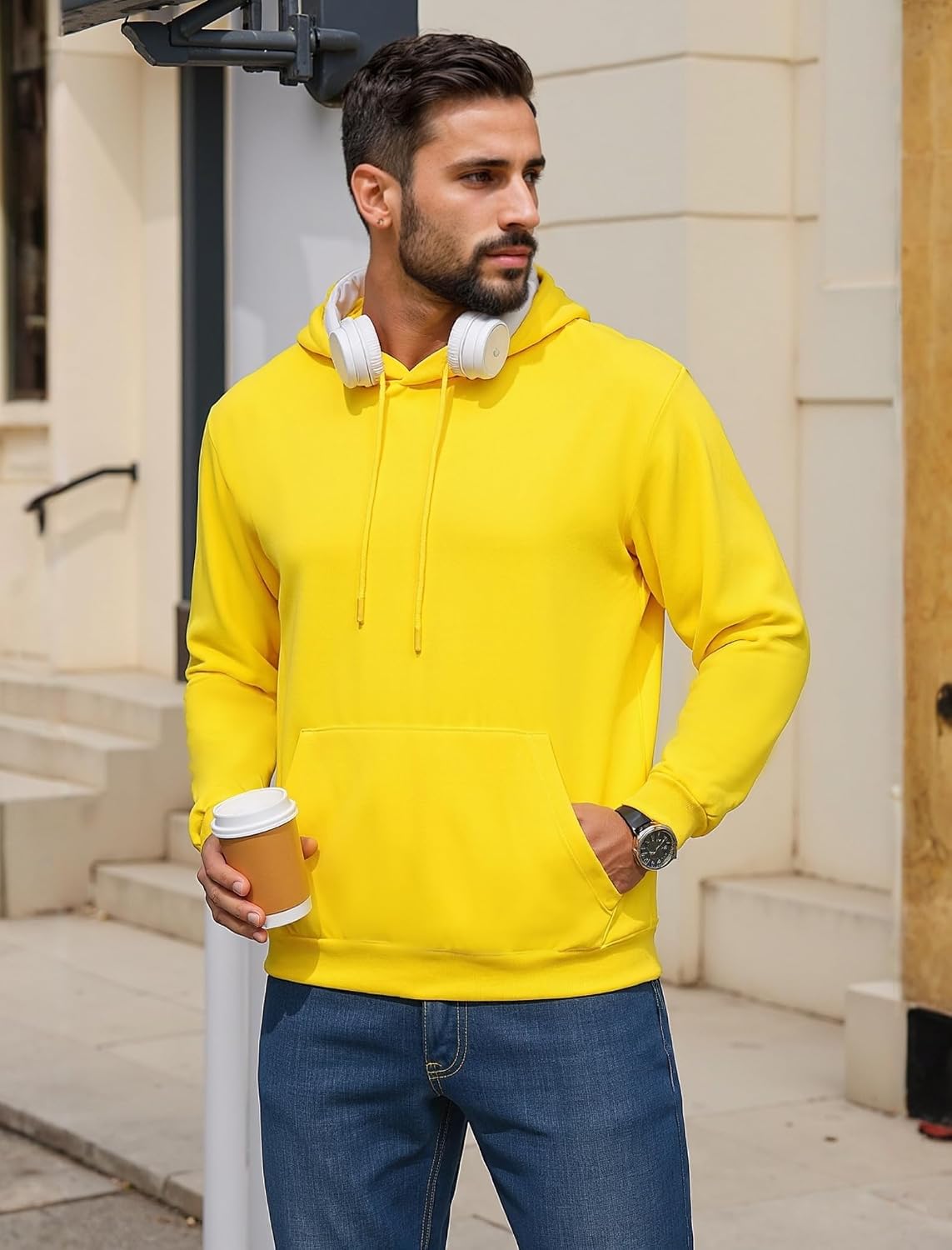 Mens Hoodies Pullover Midweight Fashion Long Sleeve Casual Hooded Sweatshirt Solid Color Fleece-Lined Hoodie