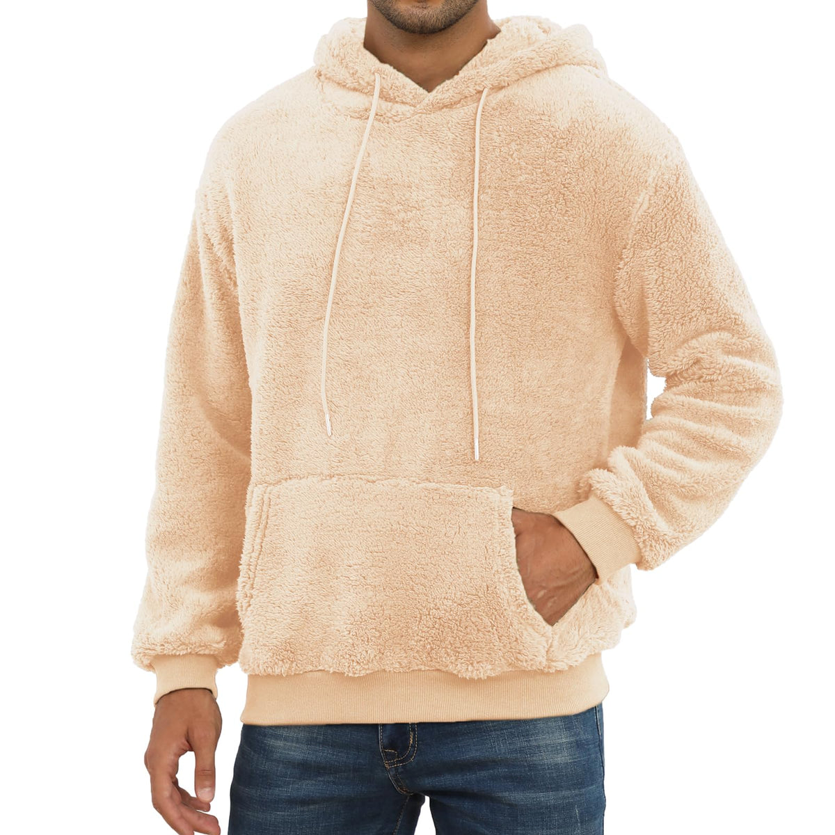 PEGENO Mens Fuzzy Sherpa Hoodie Pullover Sweatshirts Loose Cozy Pocket Long Sleeve Winter Hooded Outwear