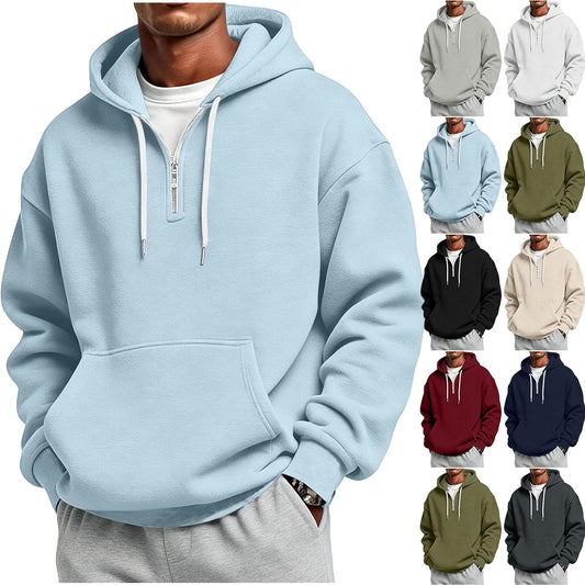 Men's Quarter Zip Hoodies Oversized Solid Pullover With Kangaroo Pocket