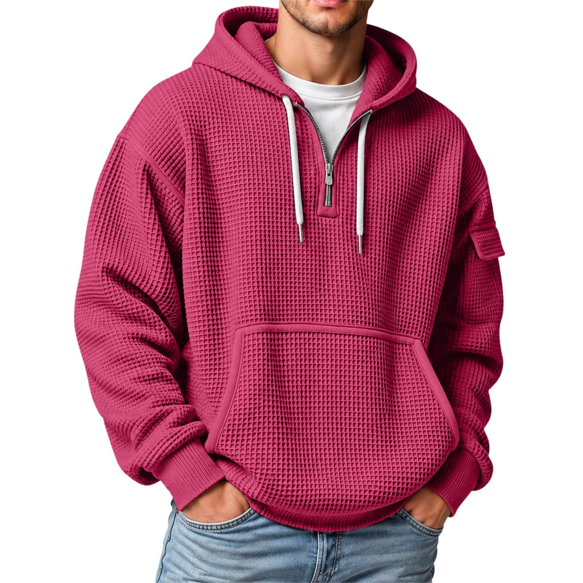 XS-5XL Men's Quarter Zip Hoodies Waffle Knit Pullover Long Sleeve Casual Sweatshirt Loose Fit Tops with Pockets