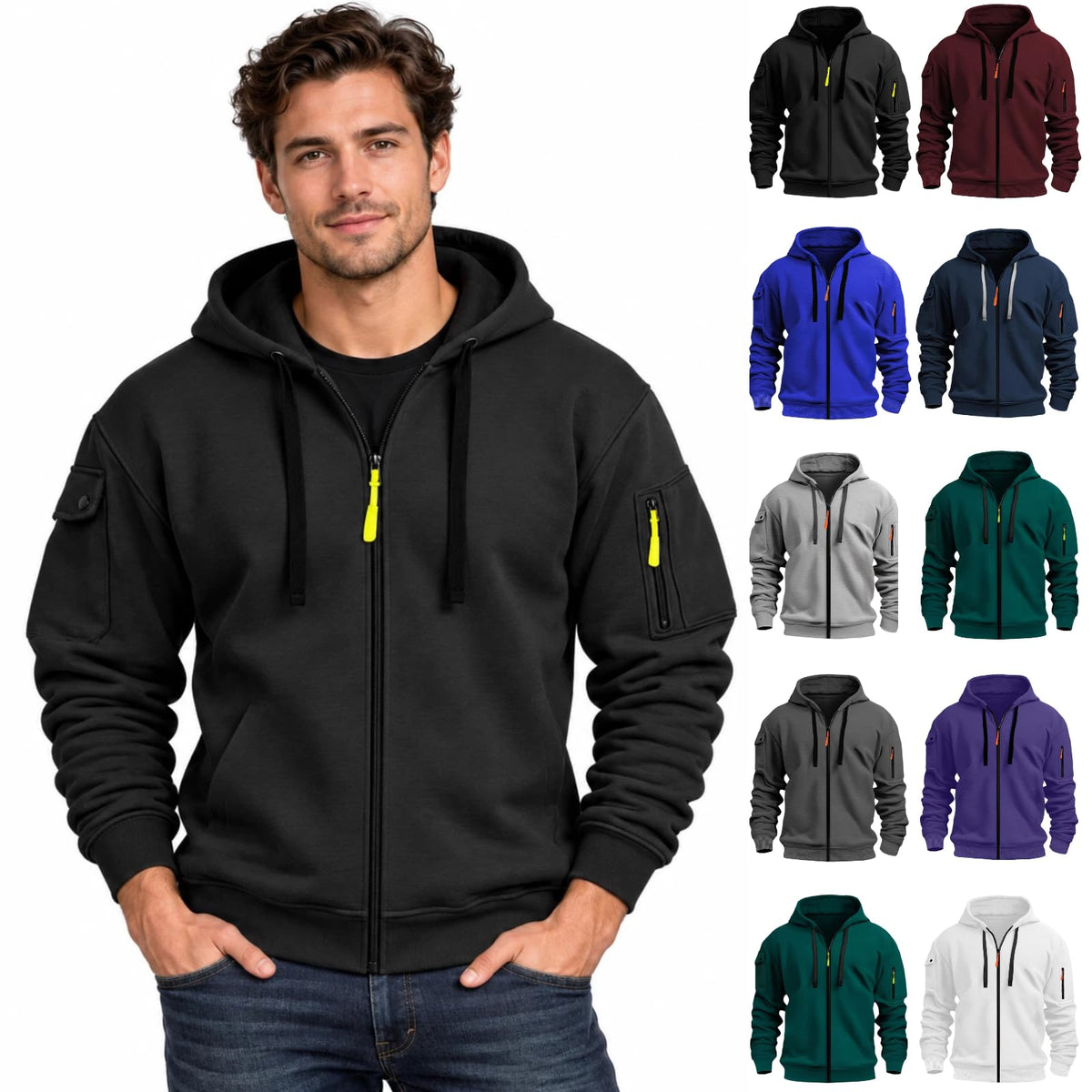 Zip Up Hoodie Men Cargo Tactical Hooded Sweatshirts Jacket With Pockets