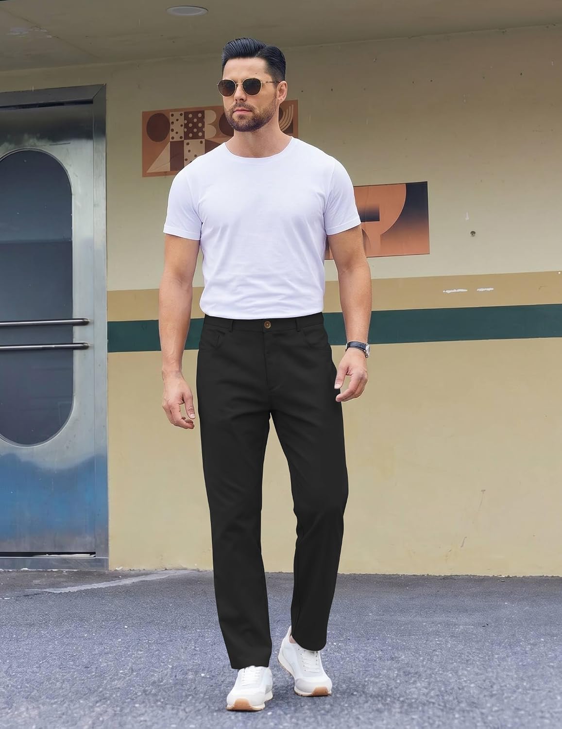 COOFANDY Men's Casual Pants Elastic Waist Flat Front Dress Slacks Regular Fit Stretch Golf Pants Work Office Trousers