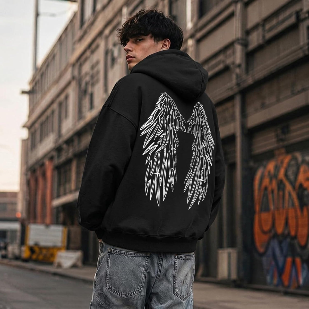 Mens Graphic Hoodies Streetwear Vintage Pullover Y2K Gothic Sweatshirts Angel Wings Casual Sweatshirt