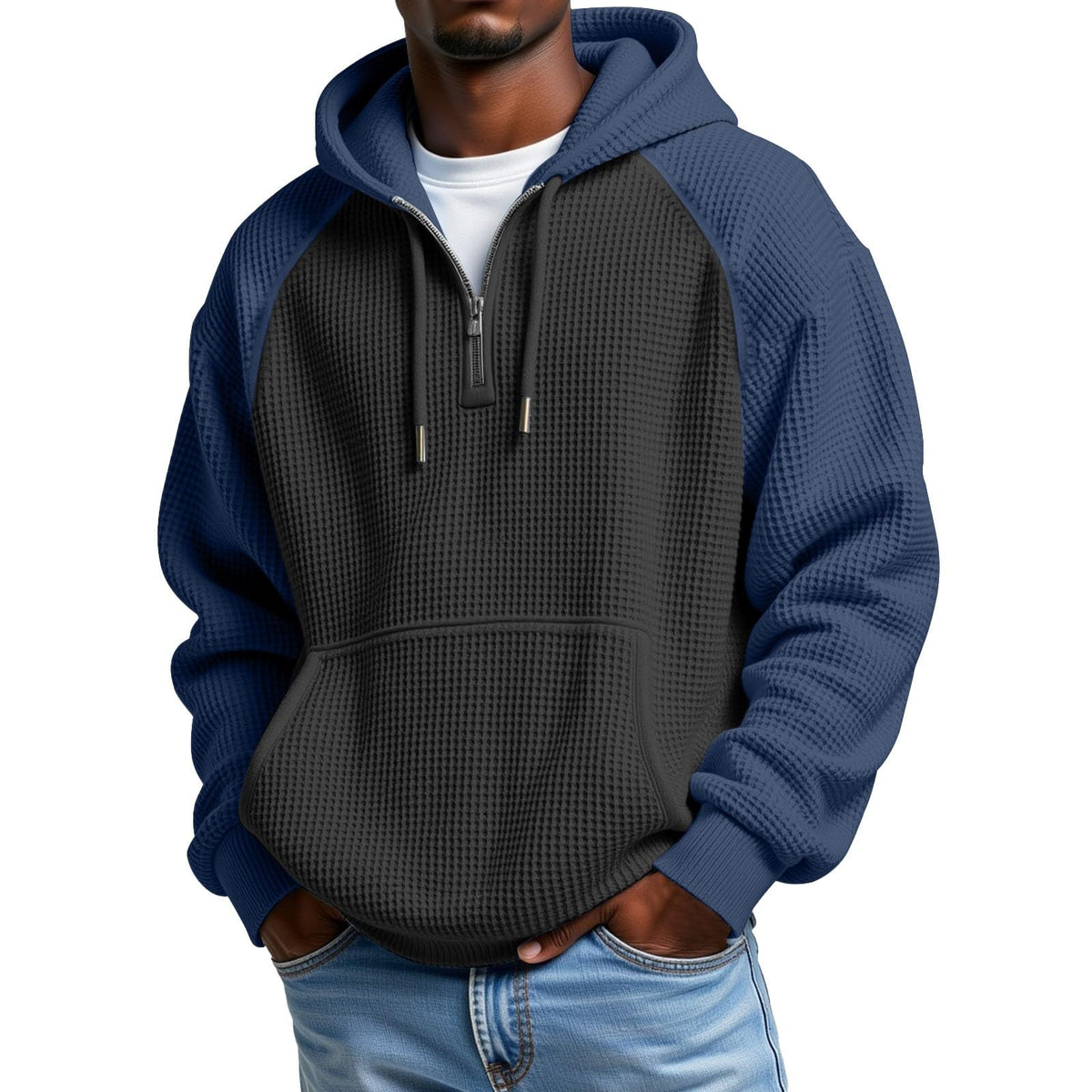 Mens Hoodies Pullover Quarter Zip Casaul Long Sleeve Drawstring Waffle Knit Hooded Sweatshirt with Pocket