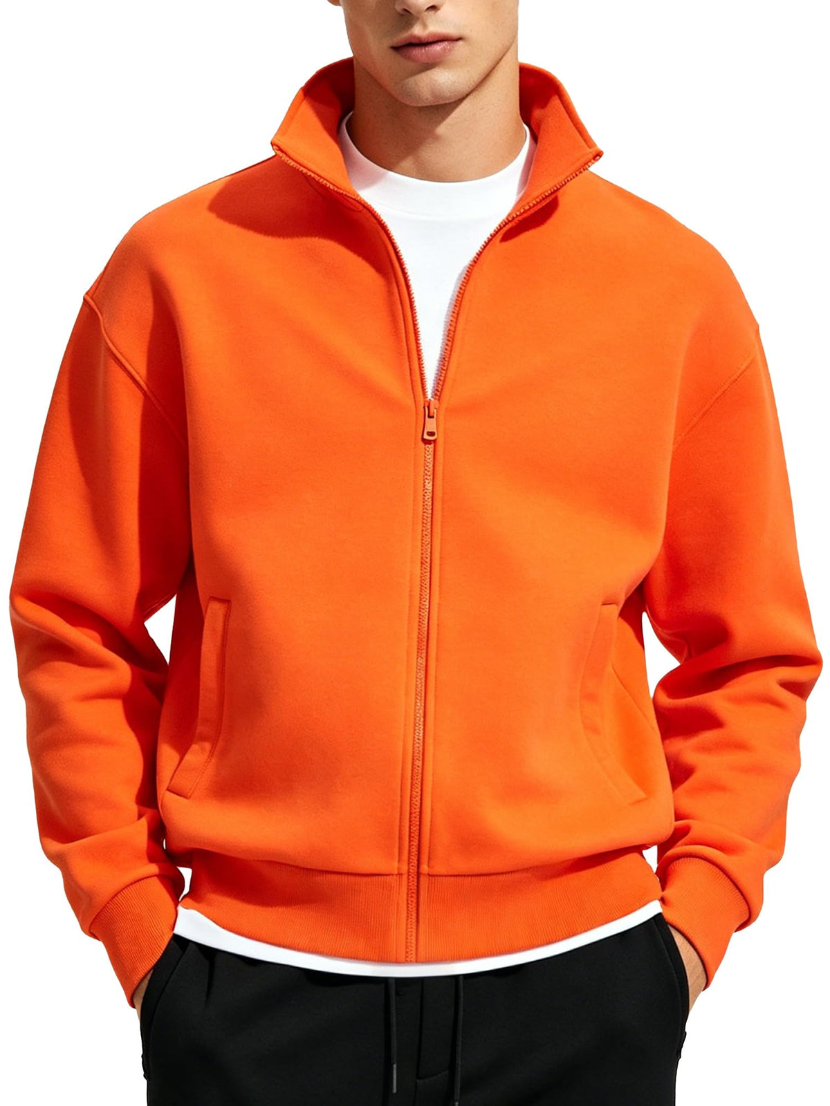 Mens Zip Up Sweatshirt No Hood Mock Neck Sweatshirts Men's Fleece Jackets Full Zip Lightweight Jacket Seam Pocket