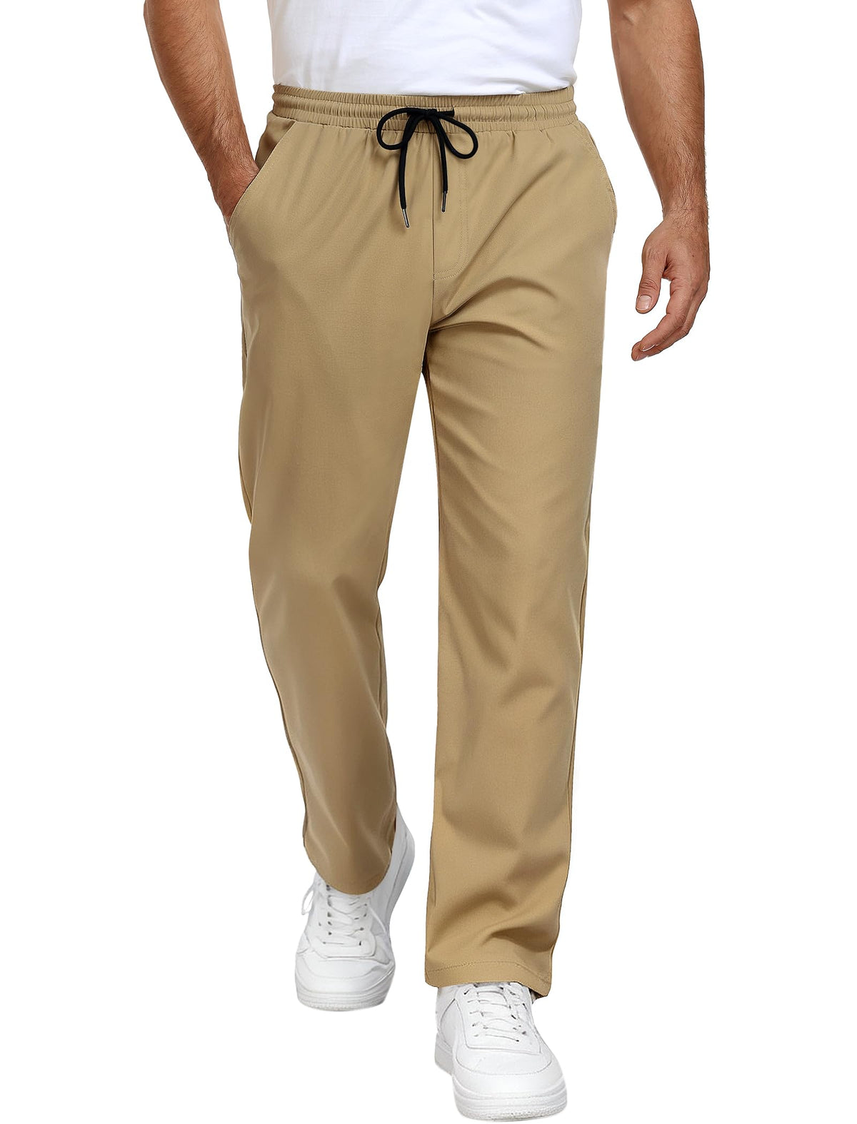 Mens Casual Pants Drawstring Elastic Waist Chino Pants with Pockets
