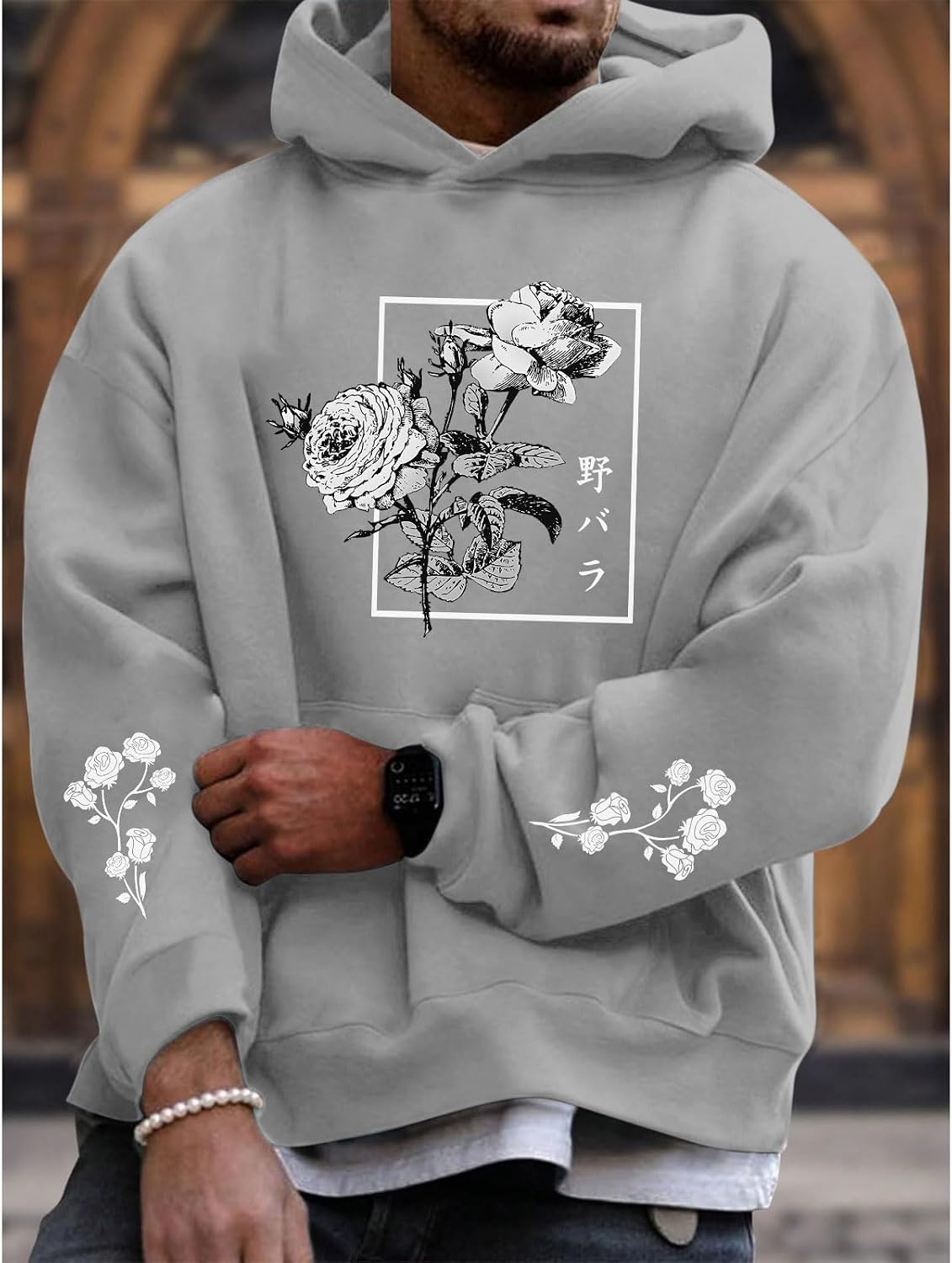 Sulayesh Rose Floral Graphic Hoodie for Men Aesthetic Japanese Cool Hoodies Oversized Trendy Streetwear Pullover Sweatshirt