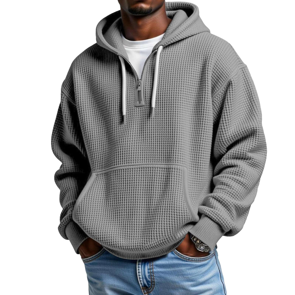 Waffle Knit Hoodie Men Quarter Zip Hoodie Men Comfort Pullover Fitness Long Sleeve Streetwear Sweatshirt