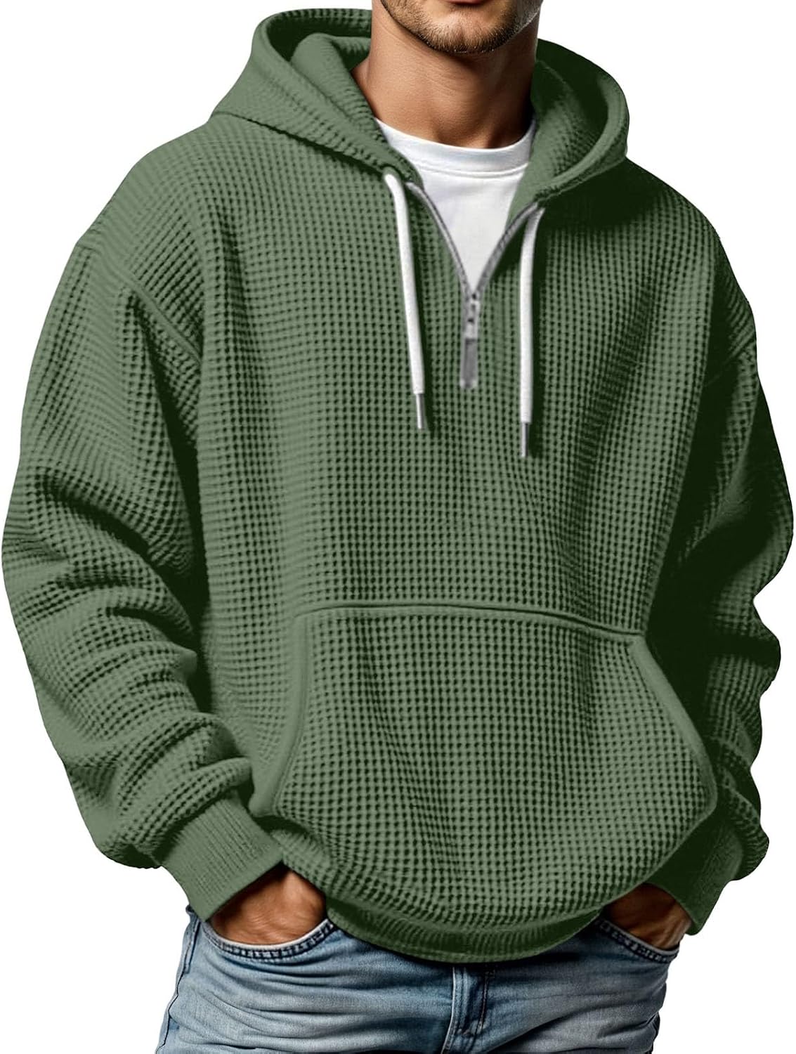 Quarter Zip Pullover Men Waffle Knit Hoodie Casual Long Sleeve Drop Shoulder Sweatshirt Fashion Loose Pullover