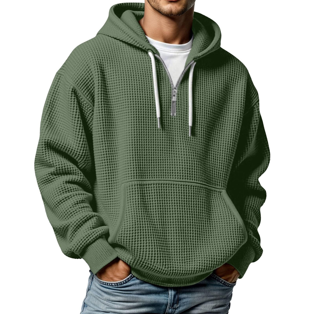 Quarter Zip Pullover Men Waffle Knit Hoodie Casual Long Sleeve Drop Shoulder Sweatshirt Fashion Loose Pullover