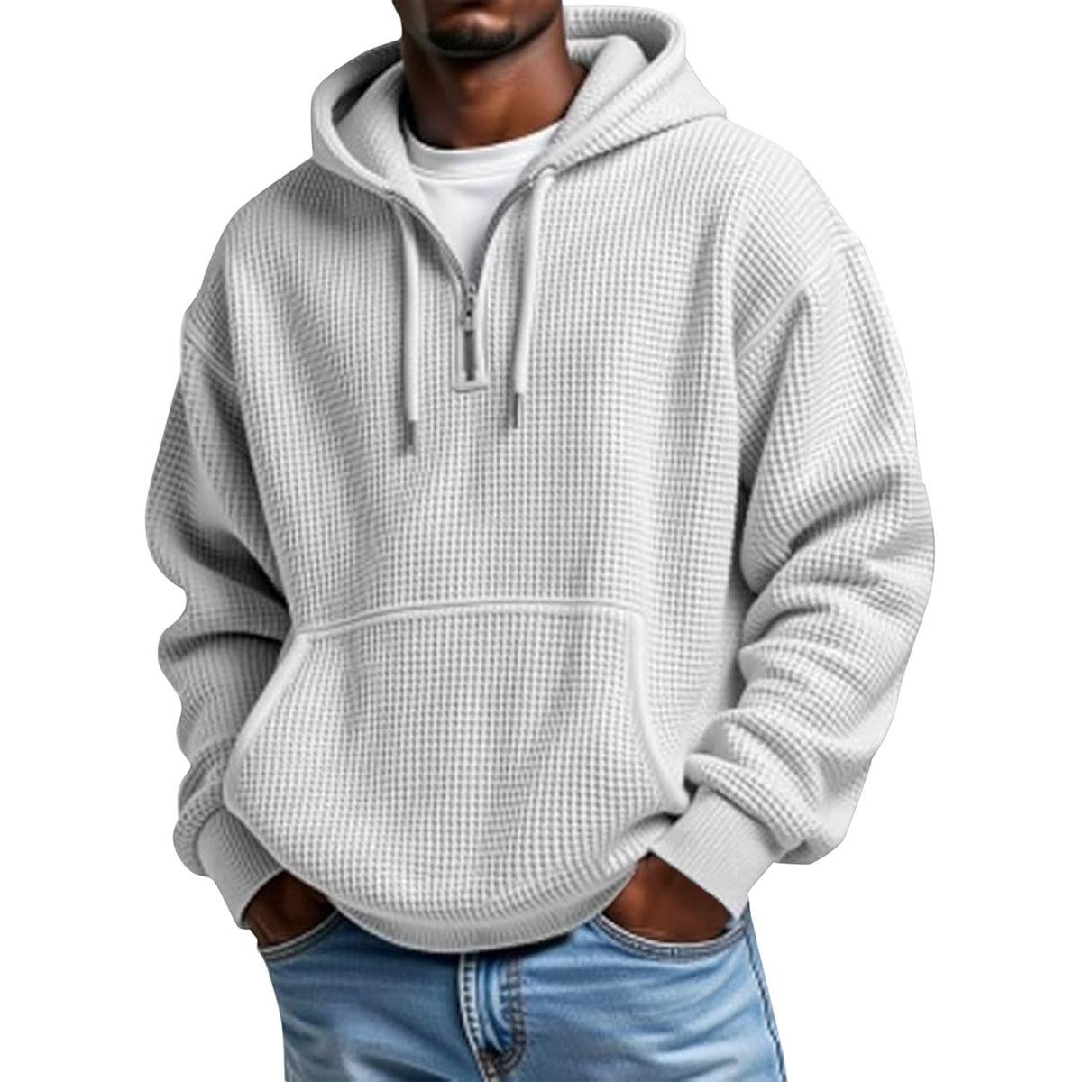 Mens Hoodies Pullover Quarter Zip Casaul Long Sleeve Drawstring Waffle Knit Hooded Sweatshirt with Pocket
