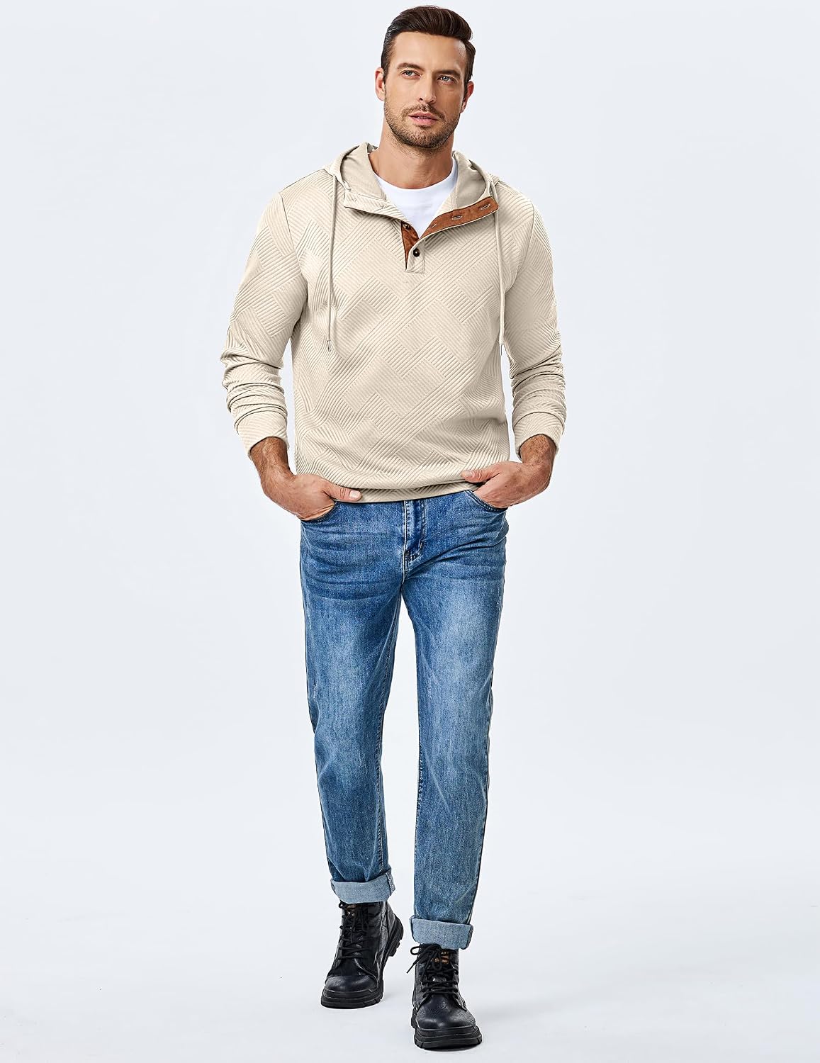 JMIERR Men's Cotton Textured Vintage Quarter-Button Casual Henley Hoodie