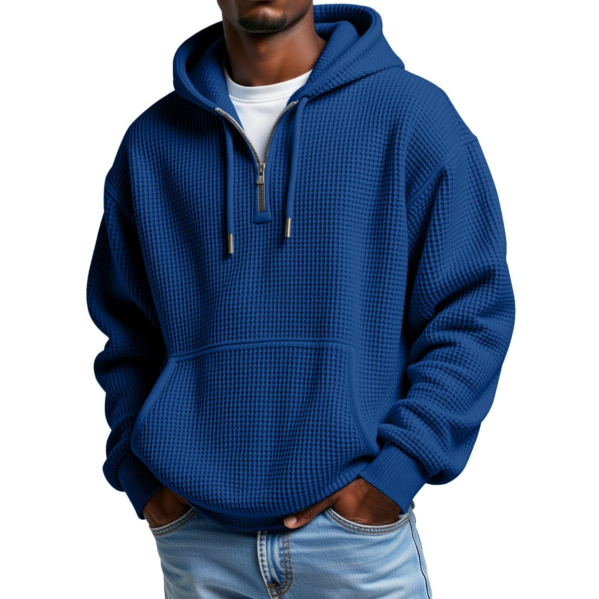 Mens Hoodies Pullover Quarter Zip Casaul Long Sleeve Drawstring Waffle Knit Hooded Sweatshirt with Pocket