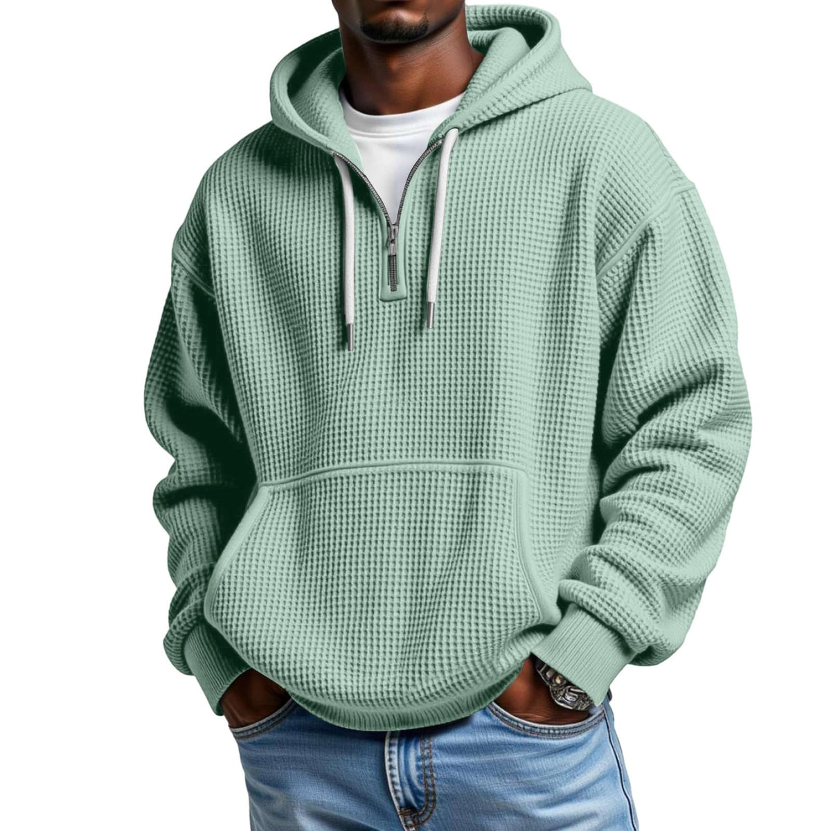 Waffle Knit Hoodie Men Quarter Zip Hoodie Men Comfort Pullover Fitness Long Sleeve Streetwear Sweatshirt