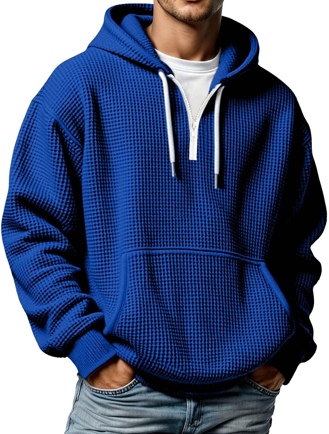 Quarter Zip Pullover Men Waffle Knit Hoodie Casual Long Sleeve Drop Shoulder Sweatshirt Fashion Loose Pullover