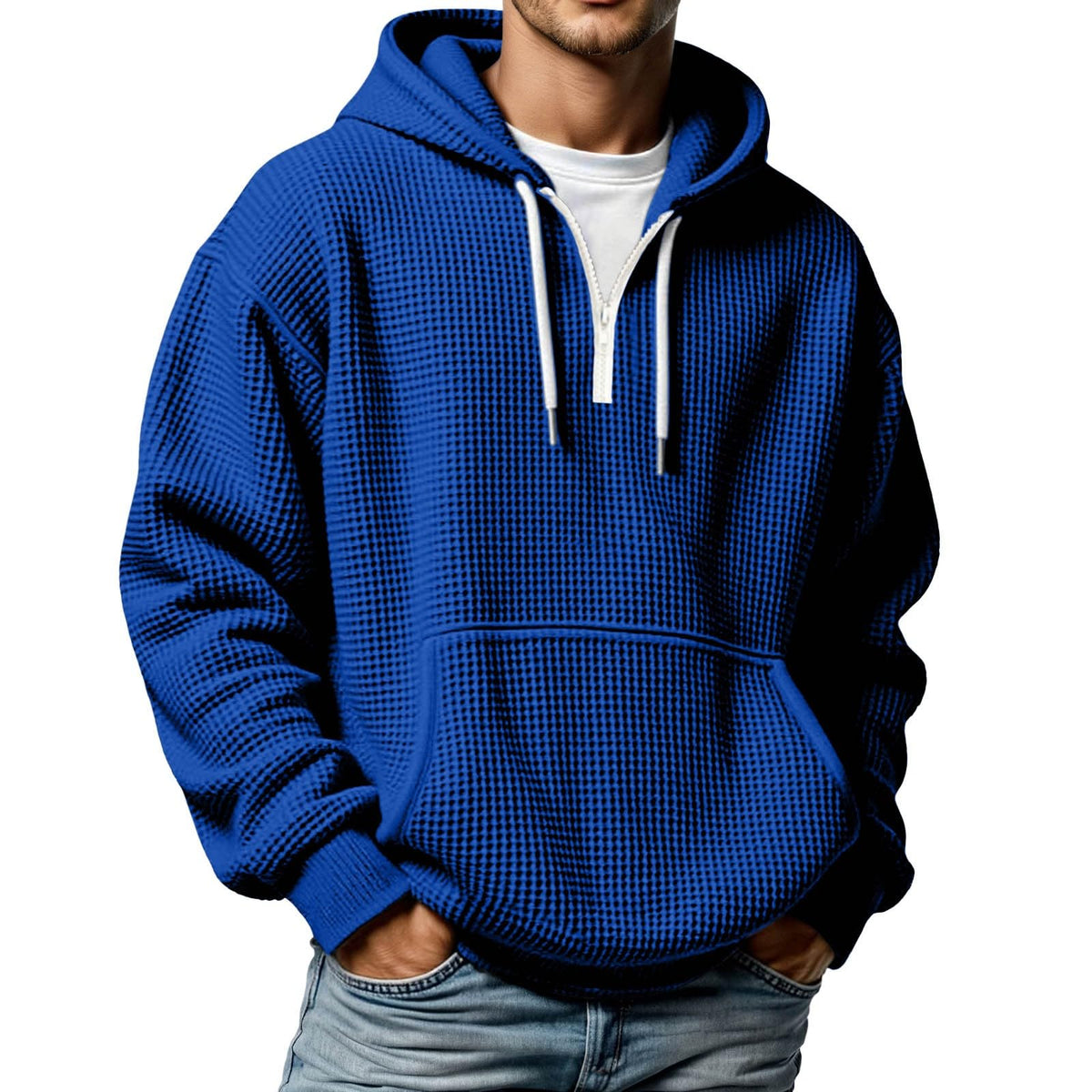 Quarter Zip Pullover Men Waffle Knit Hoodie Casual Long Sleeve Drop Shoulder Sweatshirt Fashion Loose Pullover