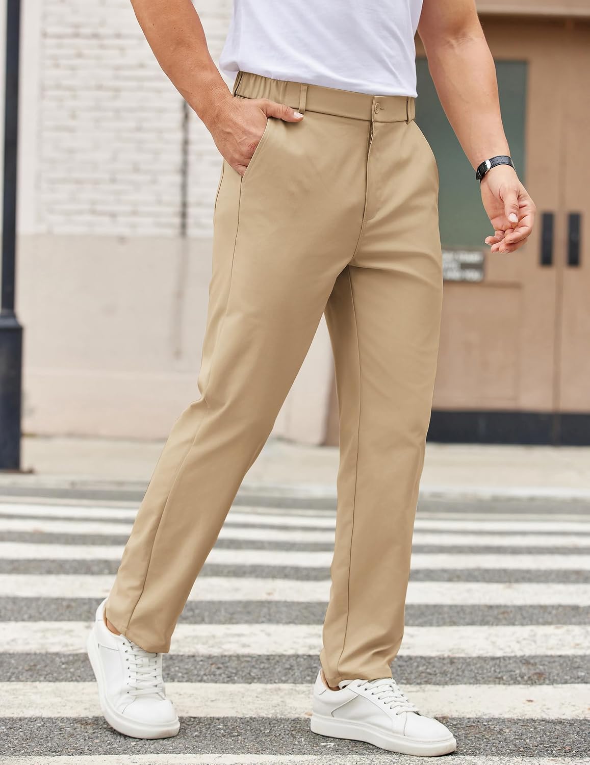 COOFANDY Mens Casual Chino Pants Elastic Waist Classic-Fit Dress Slacks