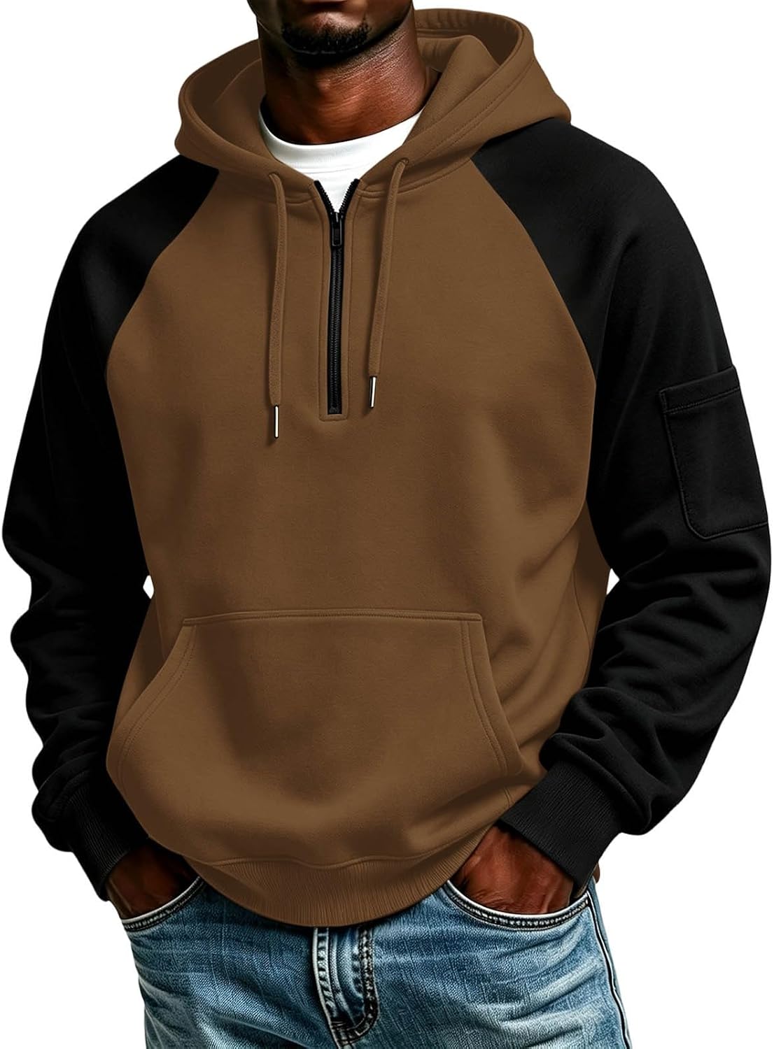Quarter Zip Hoodies for Men Contrast Kangaroo Pocket Sweatshirt