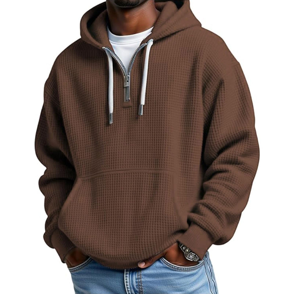 Hoodies for Men Waffle Quarter Zip Pullover Oversized Sweatshirt