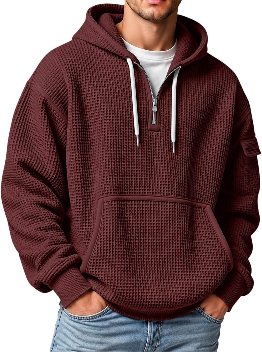 XS-5XL Men's Quarter Zip Hoodies Waffle Knit Pullover Long Sleeve Casual Sweatshirt Loose Fit Tops with Pockets