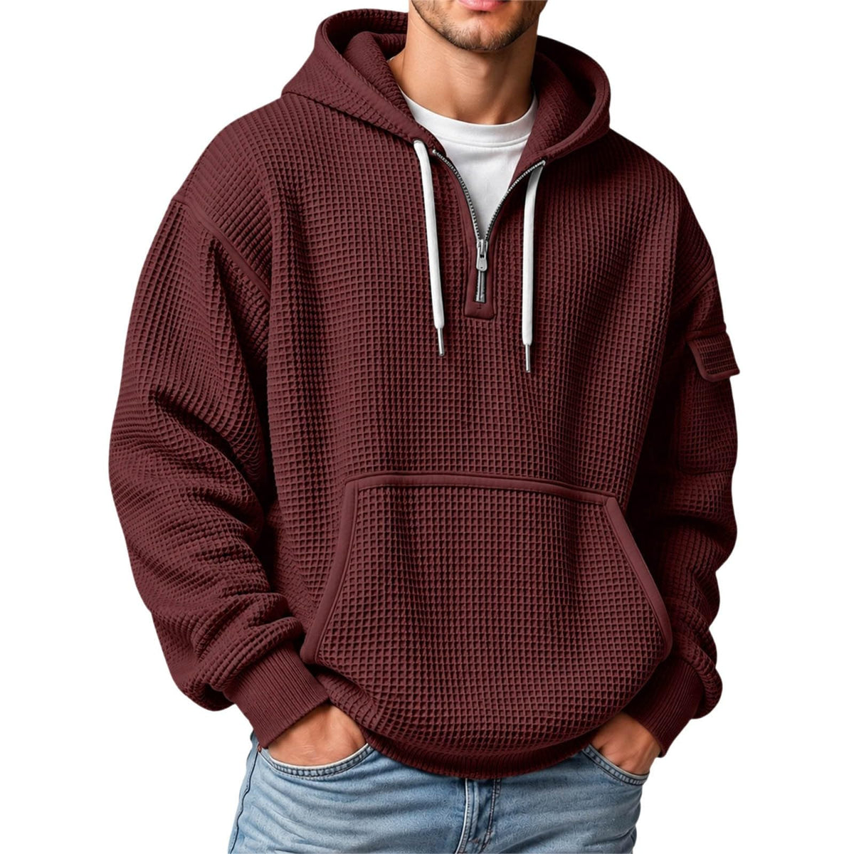 XS-5XL Men's Quarter Zip Hoodies Waffle Knit Pullover Long Sleeve Casual Sweatshirt Loose Fit Tops with Pockets