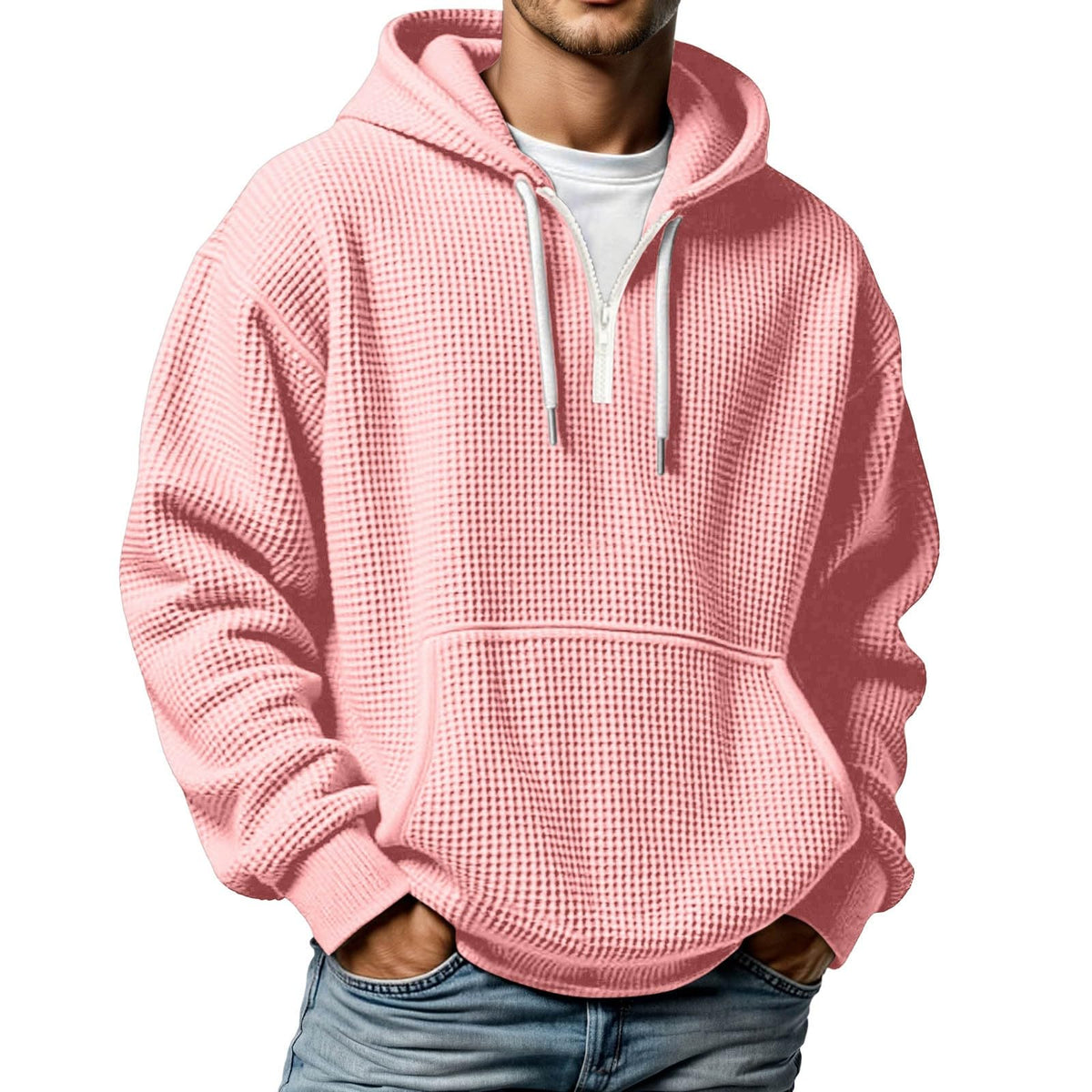 Quarter Zip Pullover Men Waffle Knit Hoodie Casual Long Sleeve Drop Shoulder Sweatshirt Fashion Loose Pullover