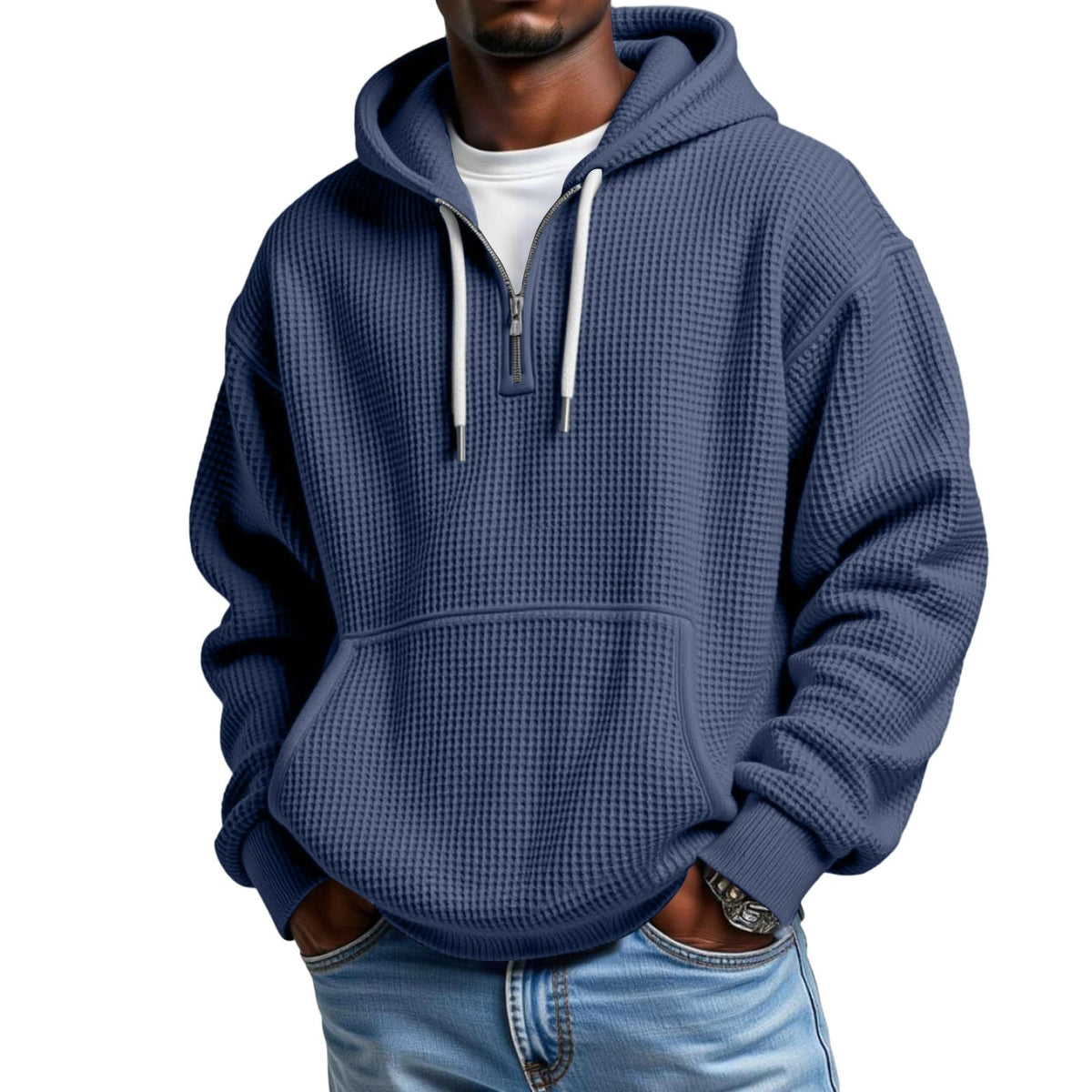 Waffle Knit Hoodie Men Quarter Zip Hoodie Men Comfort Pullover Fitness Long Sleeve Streetwear Sweatshirt