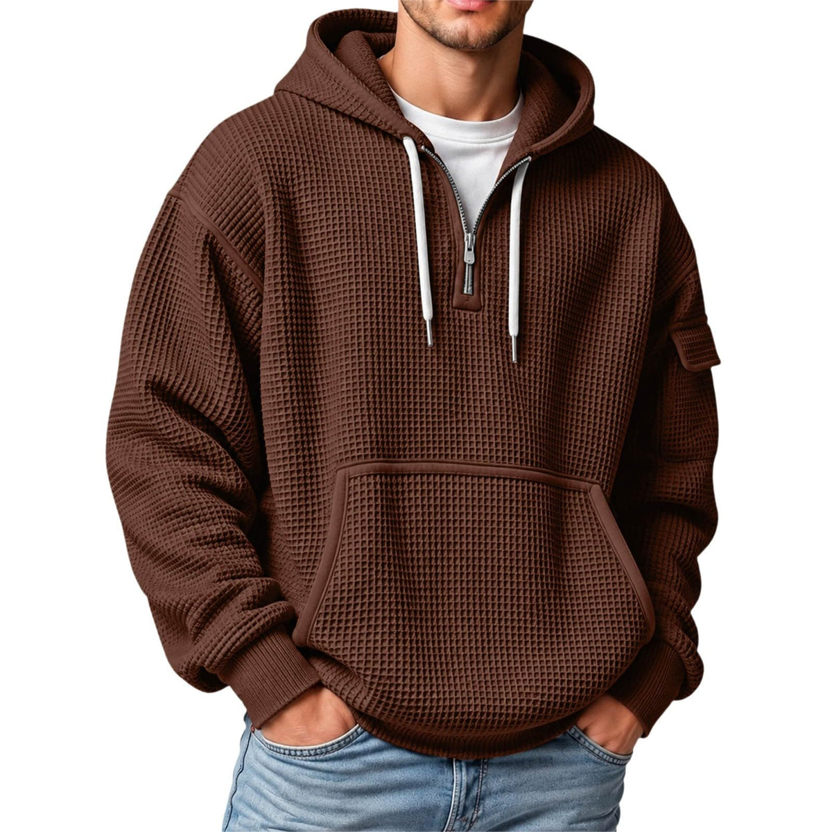 XS-5XL Men's Quarter Zip Hoodies Waffle Knit Pullover Long Sleeve Casual Sweatshirt Loose Fit Tops with Pockets