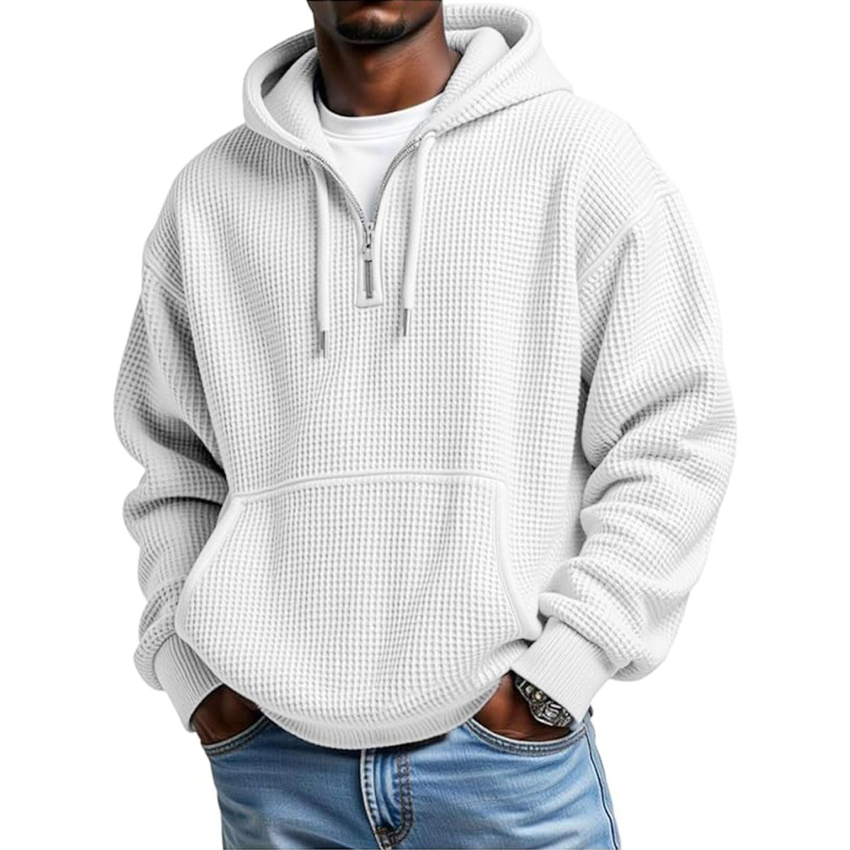 Mens Quarter Zip Hoodie Oversized Fall Waffle Knit Hooded Sweatshirt