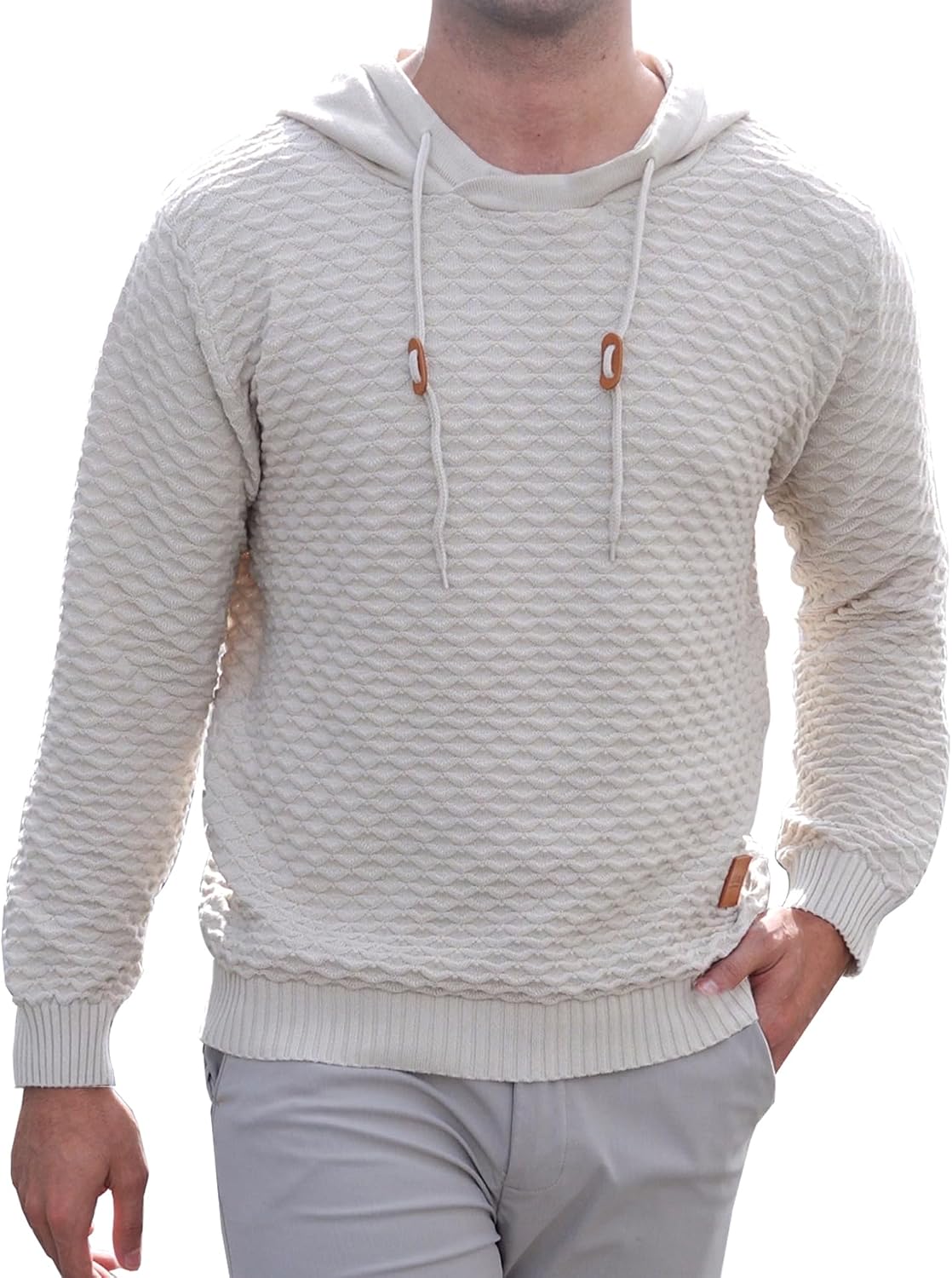 Mens Hooded Sweatshirt Casual Long Sleeve Drawstring Solid Knitted Hoodie Pullover Sweater