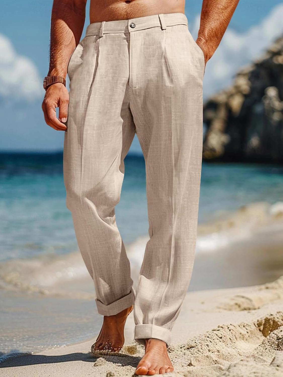 Runcati Mens Casual Pants Elastic Waist Lightweight Loose Pleated Slacks
