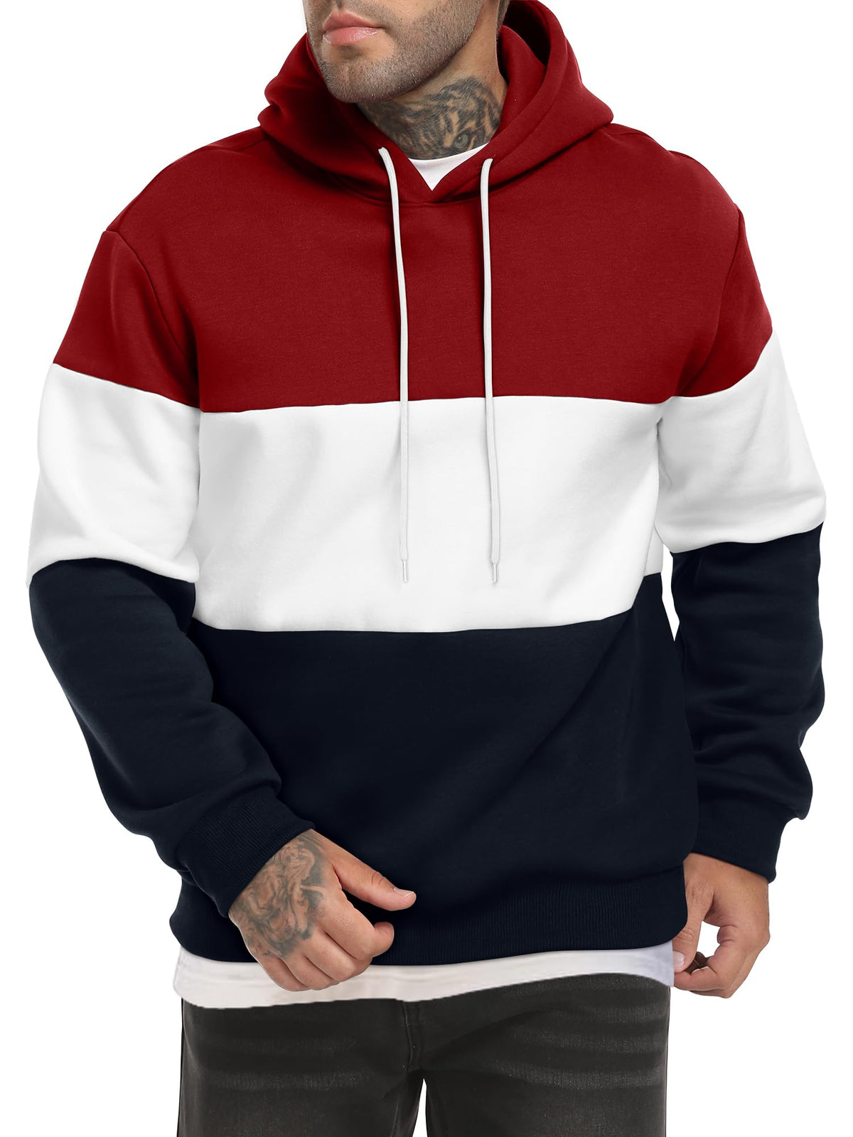 Men's Color Block Hoodies Long Sleeve Hooded Sweatshirt Pullover