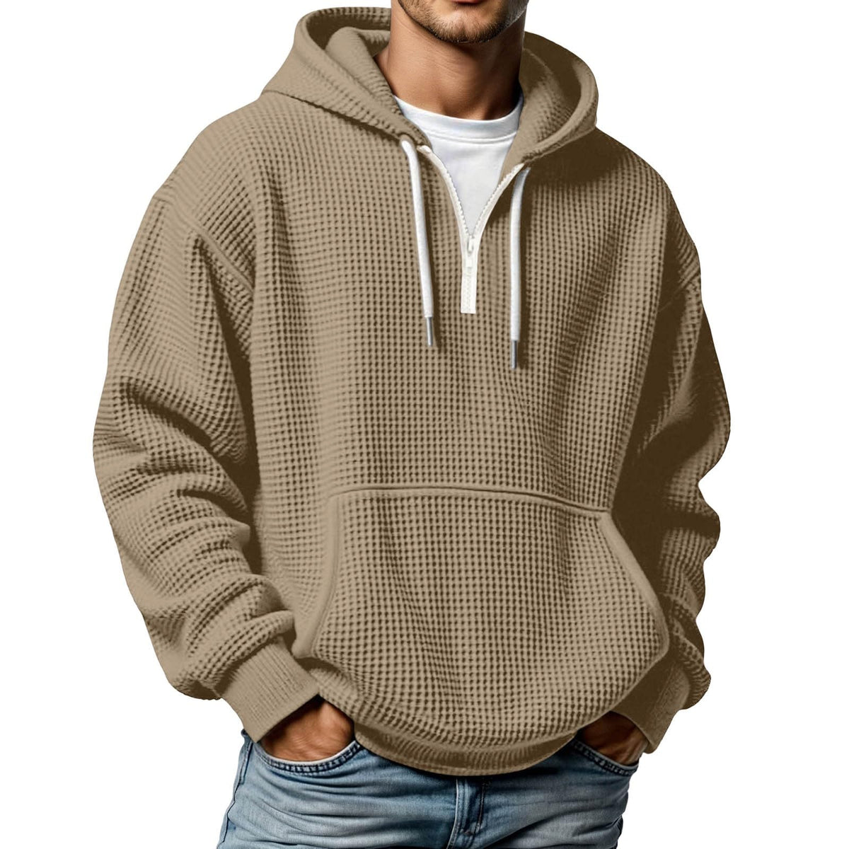 Quarter Zip Pullover Men Waffle Knit Hoodie Casual Long Sleeve Drop Shoulder Sweatshirt Fashion Loose Pullover